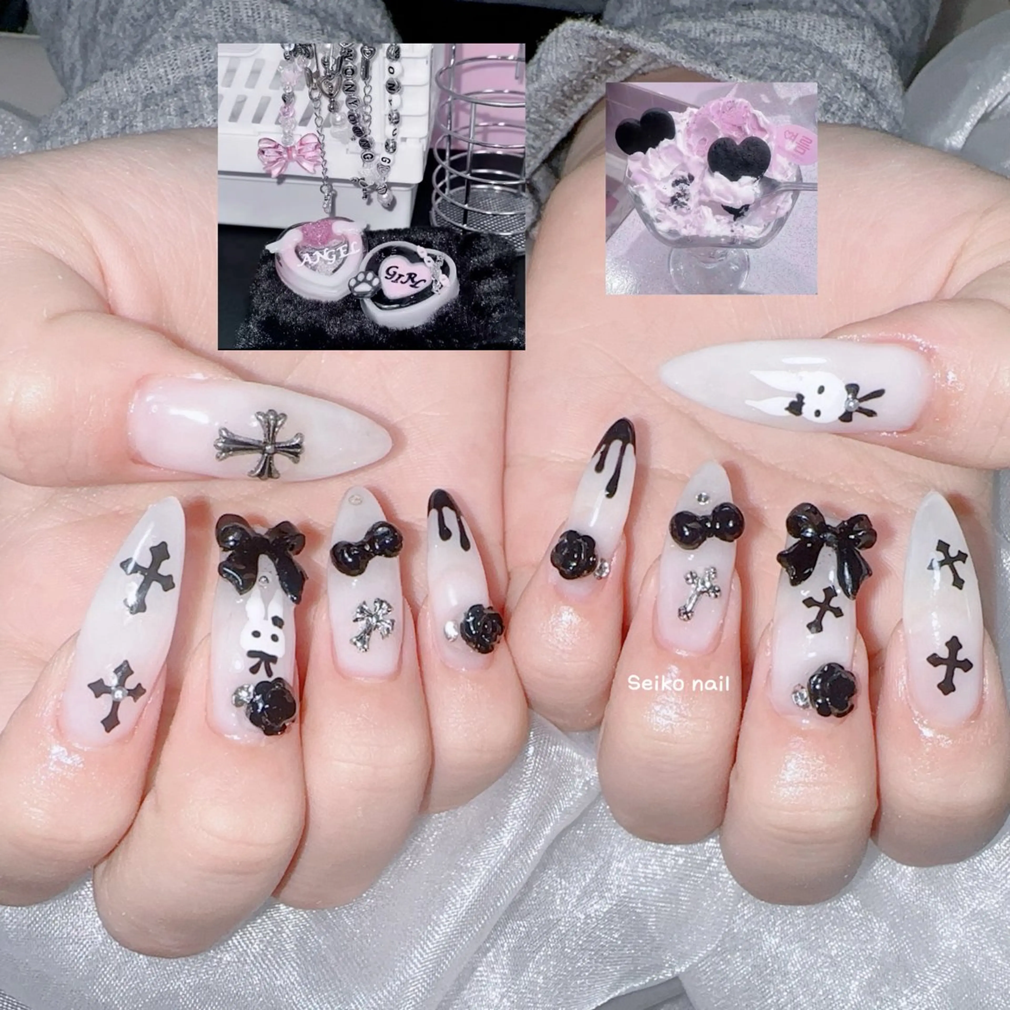 ネイル ガーリー キラキラネイル 韓国ネイル ピンク リボン ハンドネイル seiko nail Nanami（渋谷）のネイルデザイン