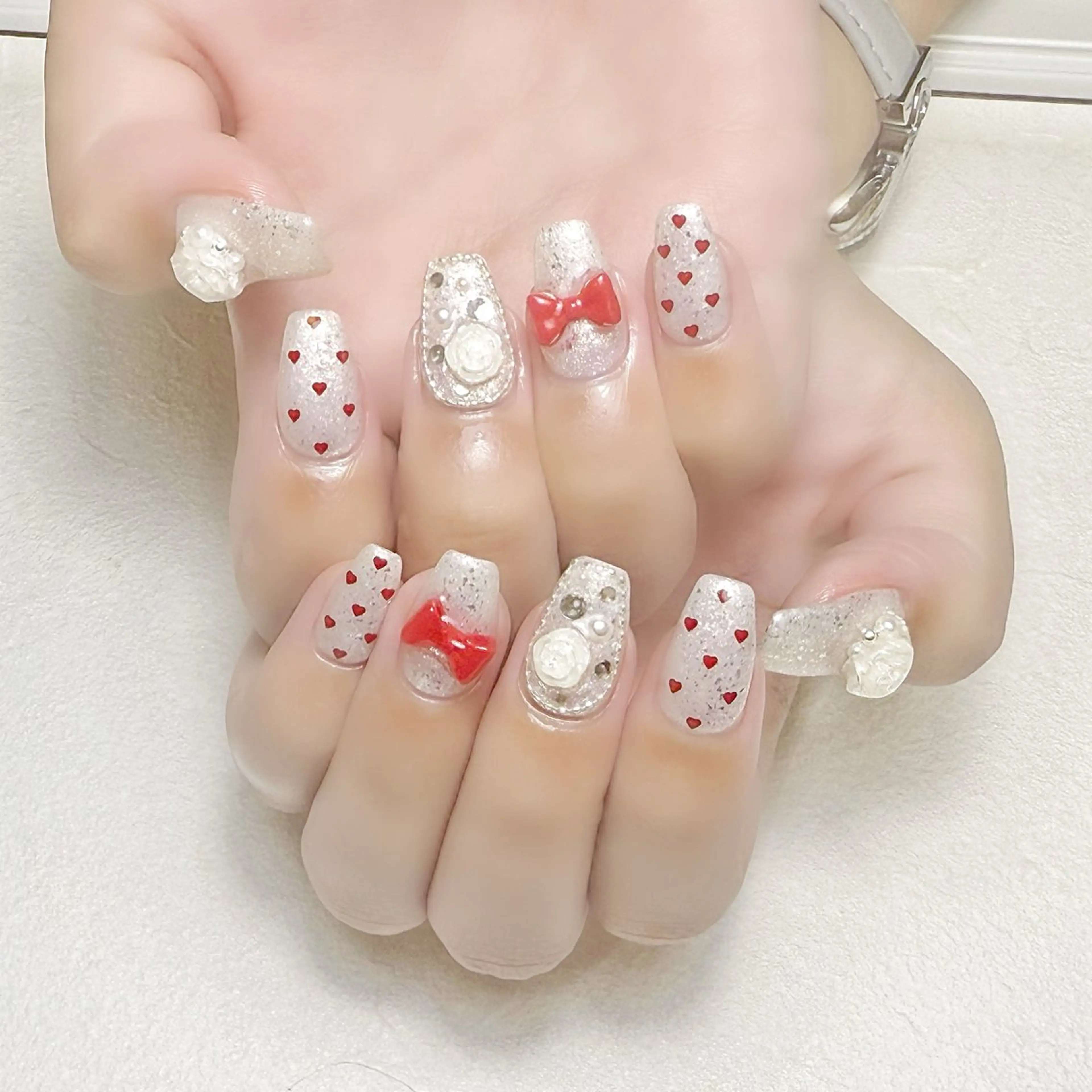 ネイル ハート ラメ(グリッター) リボン 春ネイル rouse nail RISATOのネイルデザイン