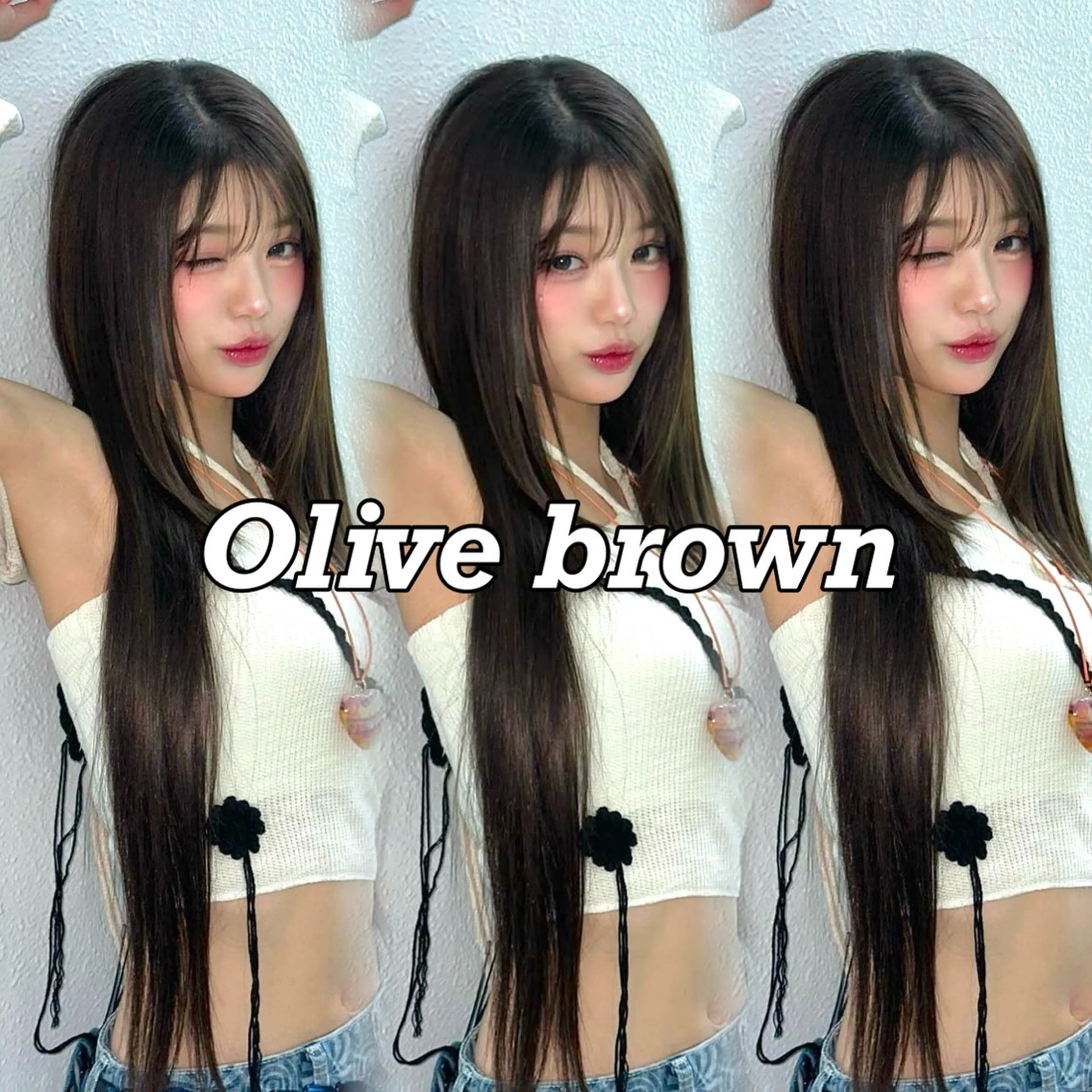 セミロング カラー 韓国🇰🇷レイヤー カットオリーブカラーのヘアスタイル