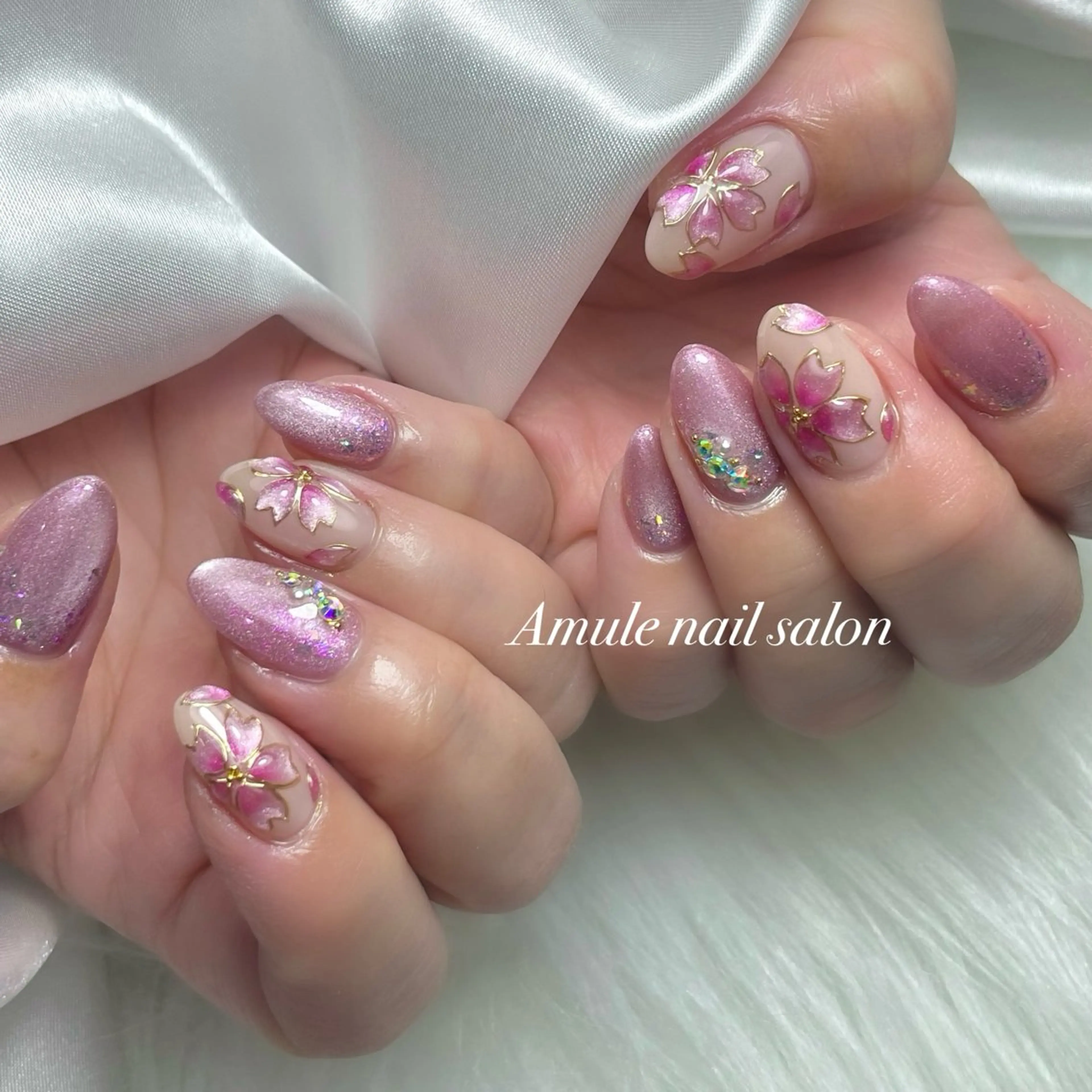 ネイル 桜ネイル ジェルネイル マグネットネイル 持ち込み ハンドネイル Amule nailsalonのネイルデザイン
