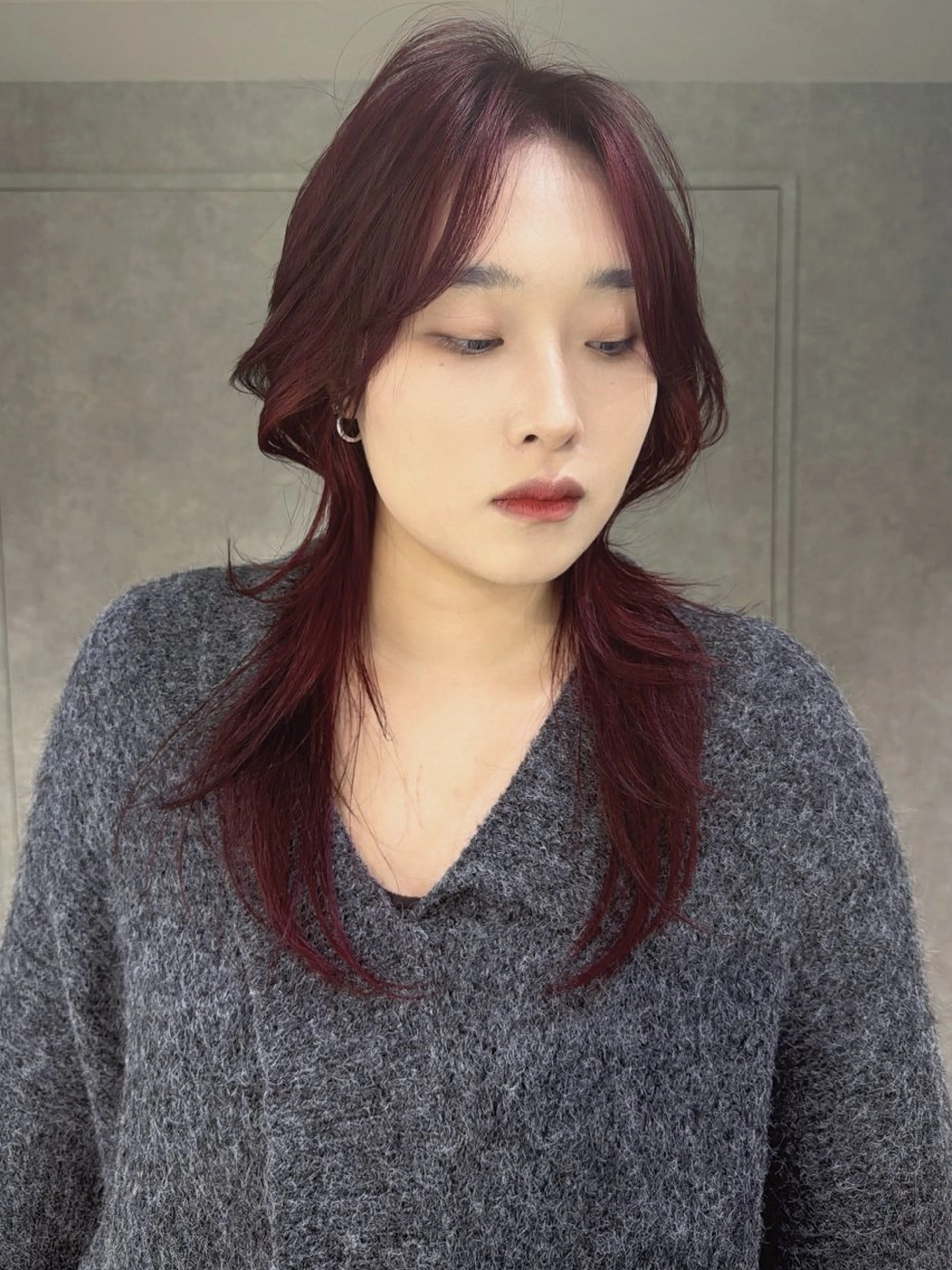 セミロング カラー レッドカラー ハッシュカット 韓国風ヘア カット ヘアカラー yu-kaハッシュ カット/韓国レイヤーのヘアスタイル