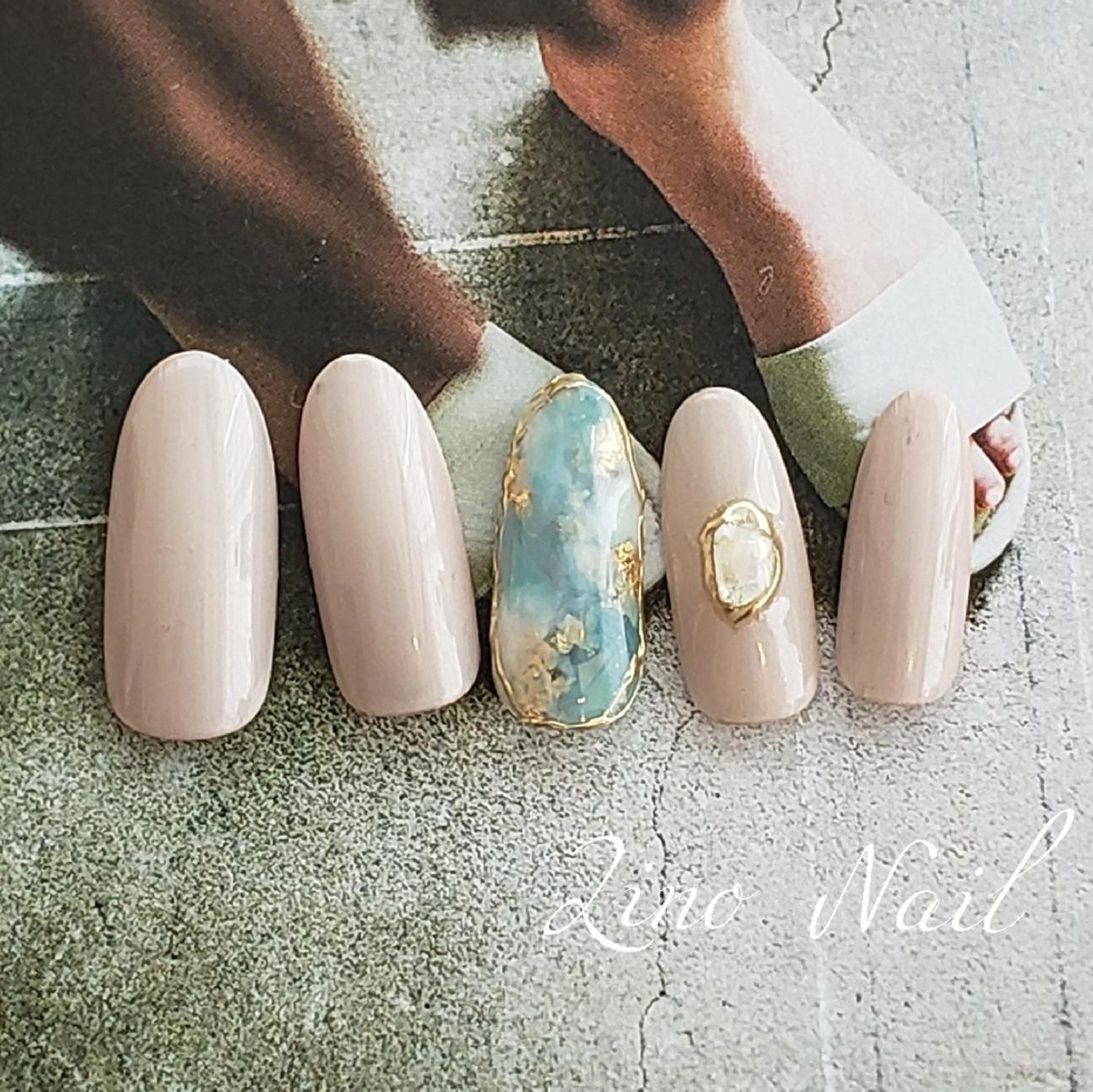 ネイル ブルー カジュアル ジェルネイル 大理石ネイル(マーブル) ミラーネイル ハンドネイル Lino Nailのネイルデザイン