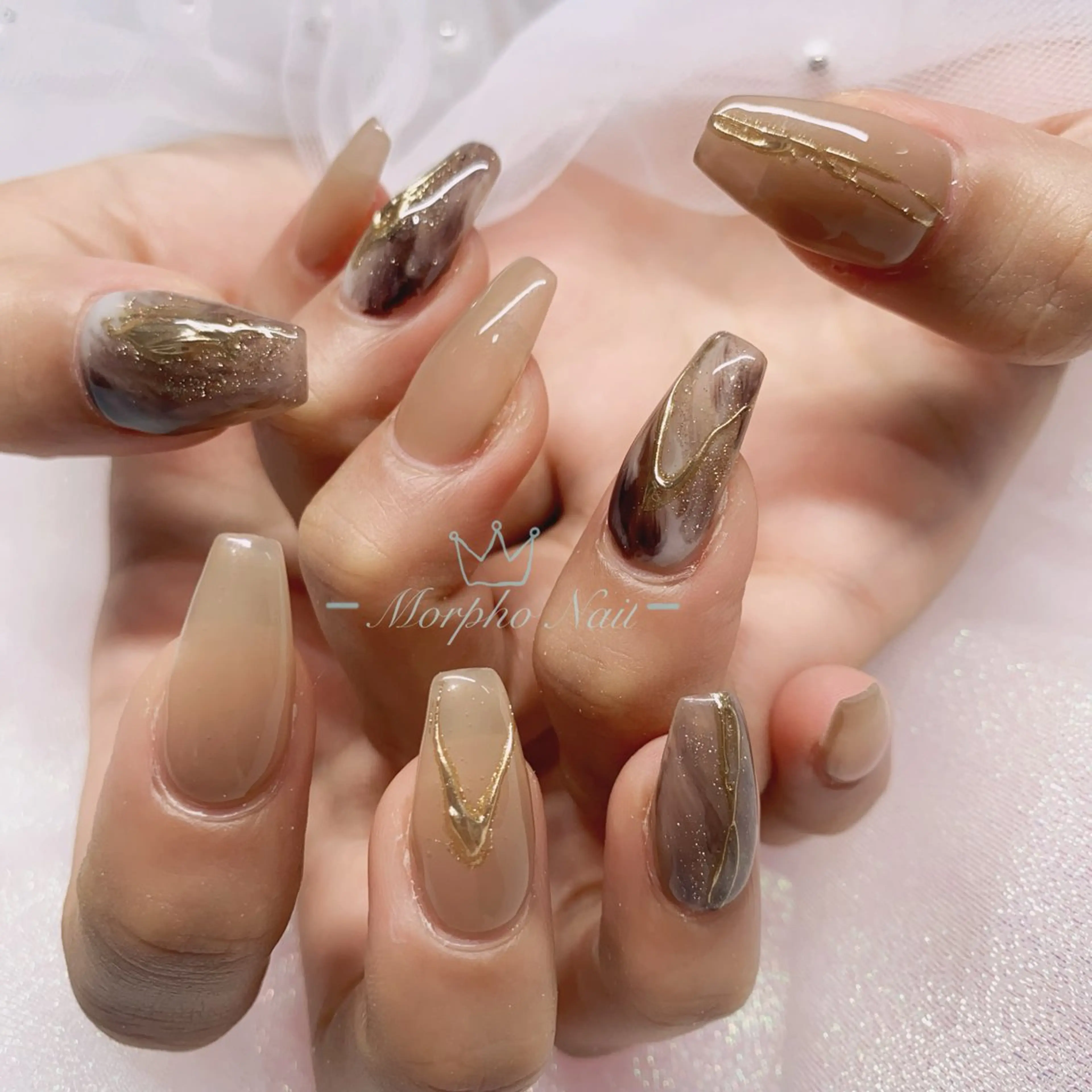 ネイル 長さ出し ジェルネイル キラキラネイル 大理石ネイル(マーブル) ニュアンスネイル Morpho nailのネイルデザイン