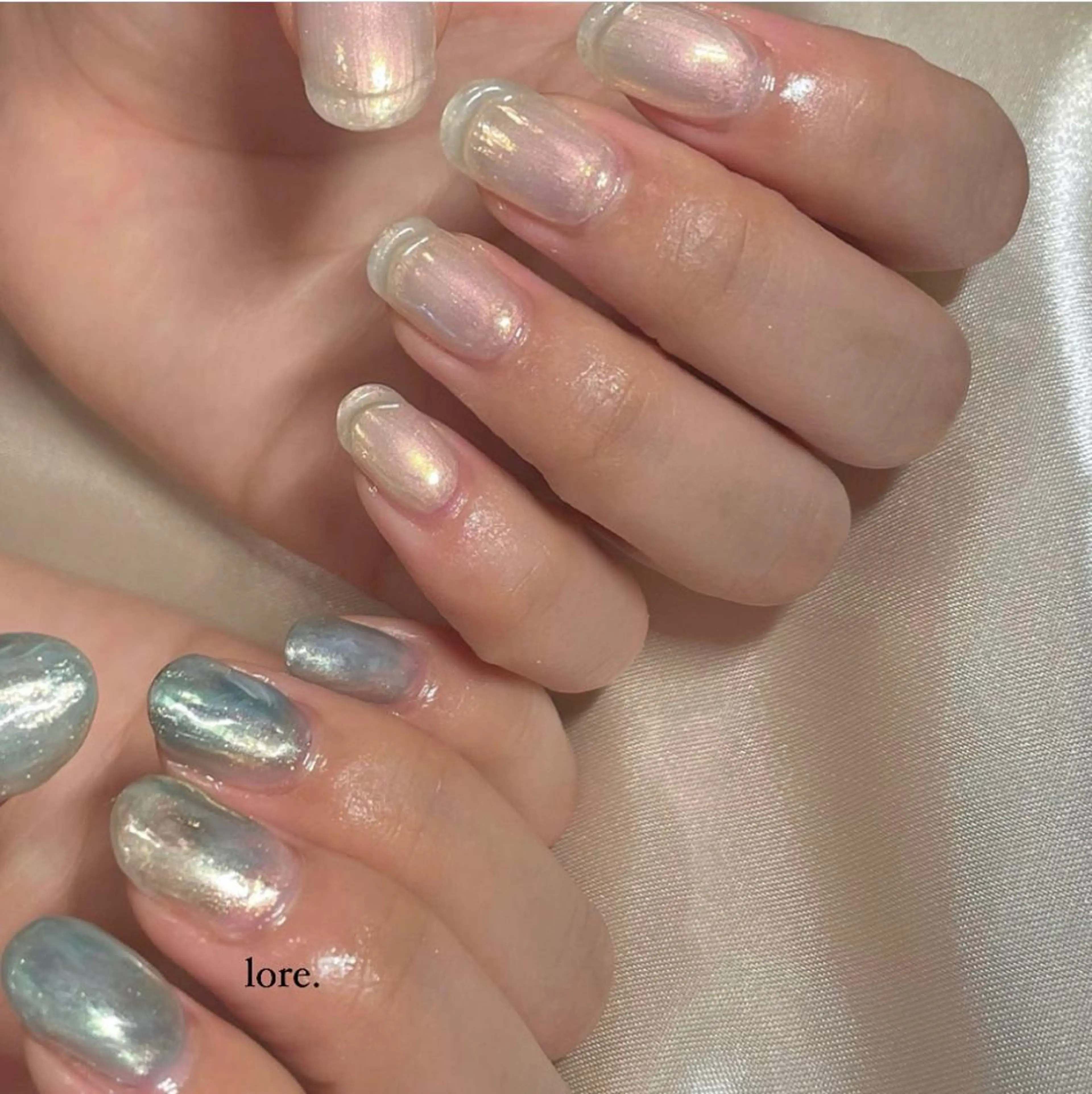 ネイル ブルー クリアネイル フレンチネイル ミラーネイル lore. nailのネイルデザイン