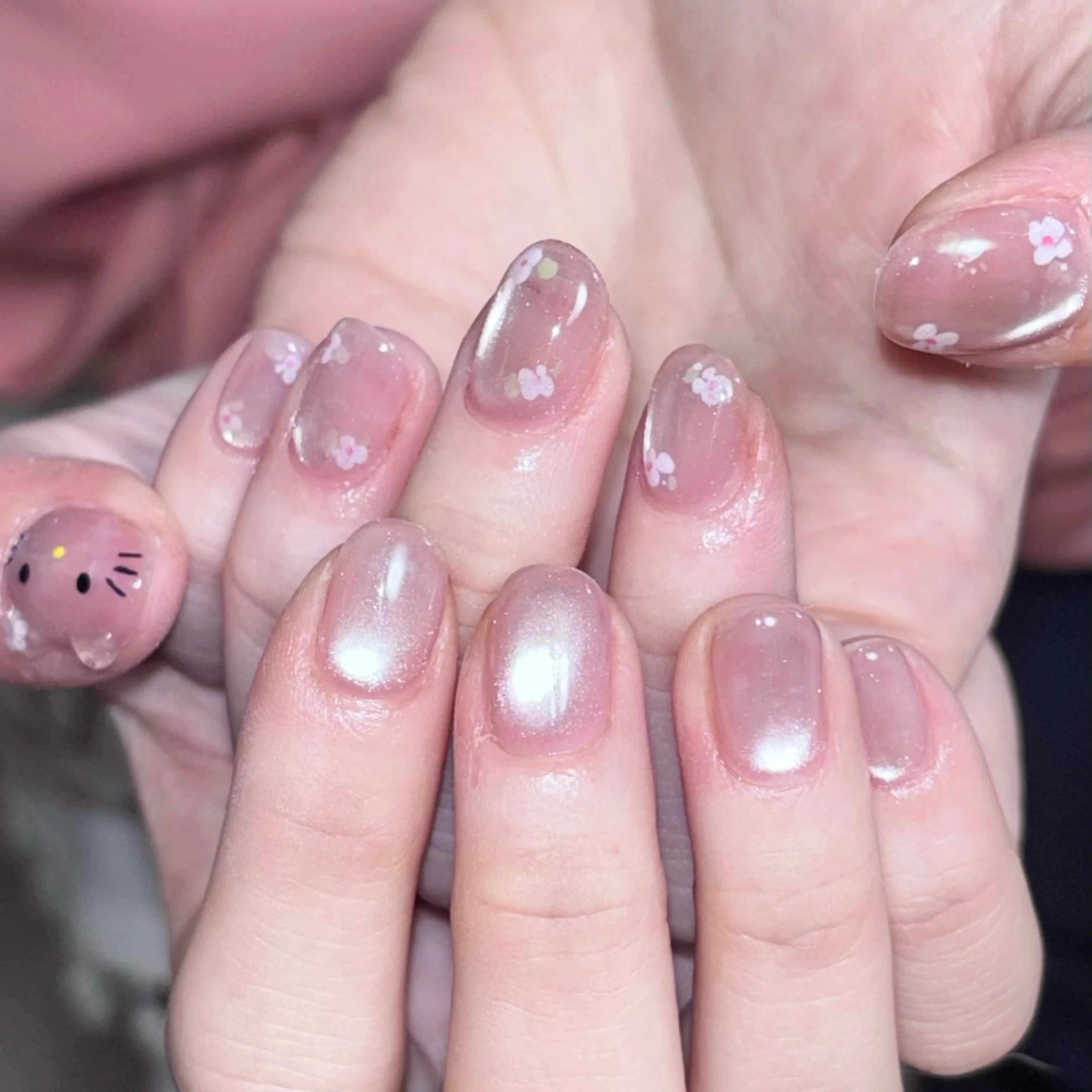 ネイル フラワーネイル 氷ネイル・うるうるネイル 韓国ネイル オフィスネイル ピンク ハンドネイル ハンドケア 銀河屋 の猫のネイルデザイン