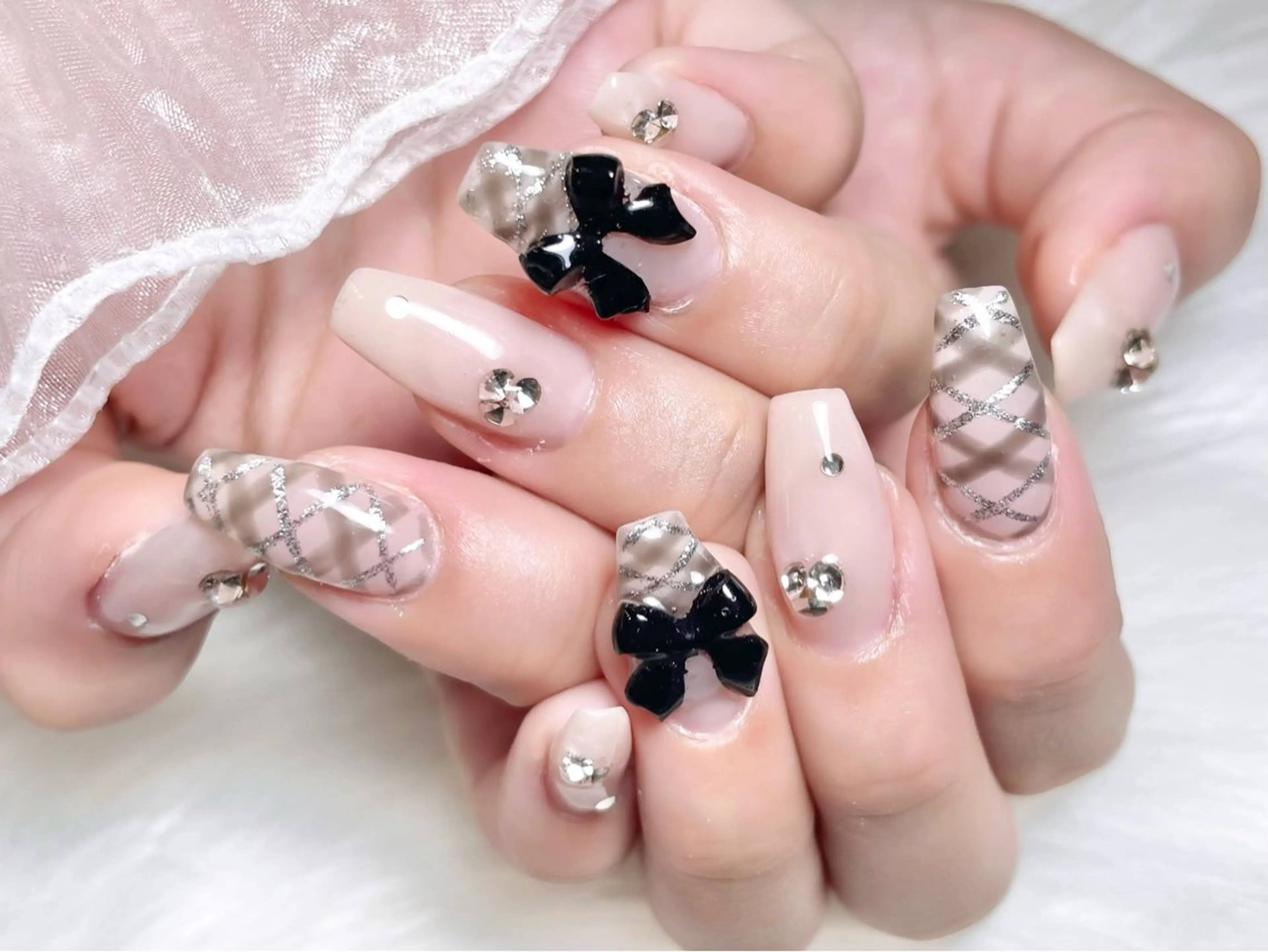 ネイル ジェルネイル パラジェル リボン ワンホンネイル ハンドネイル ゆりか ジョアアンジェ福島のネイルデザイン