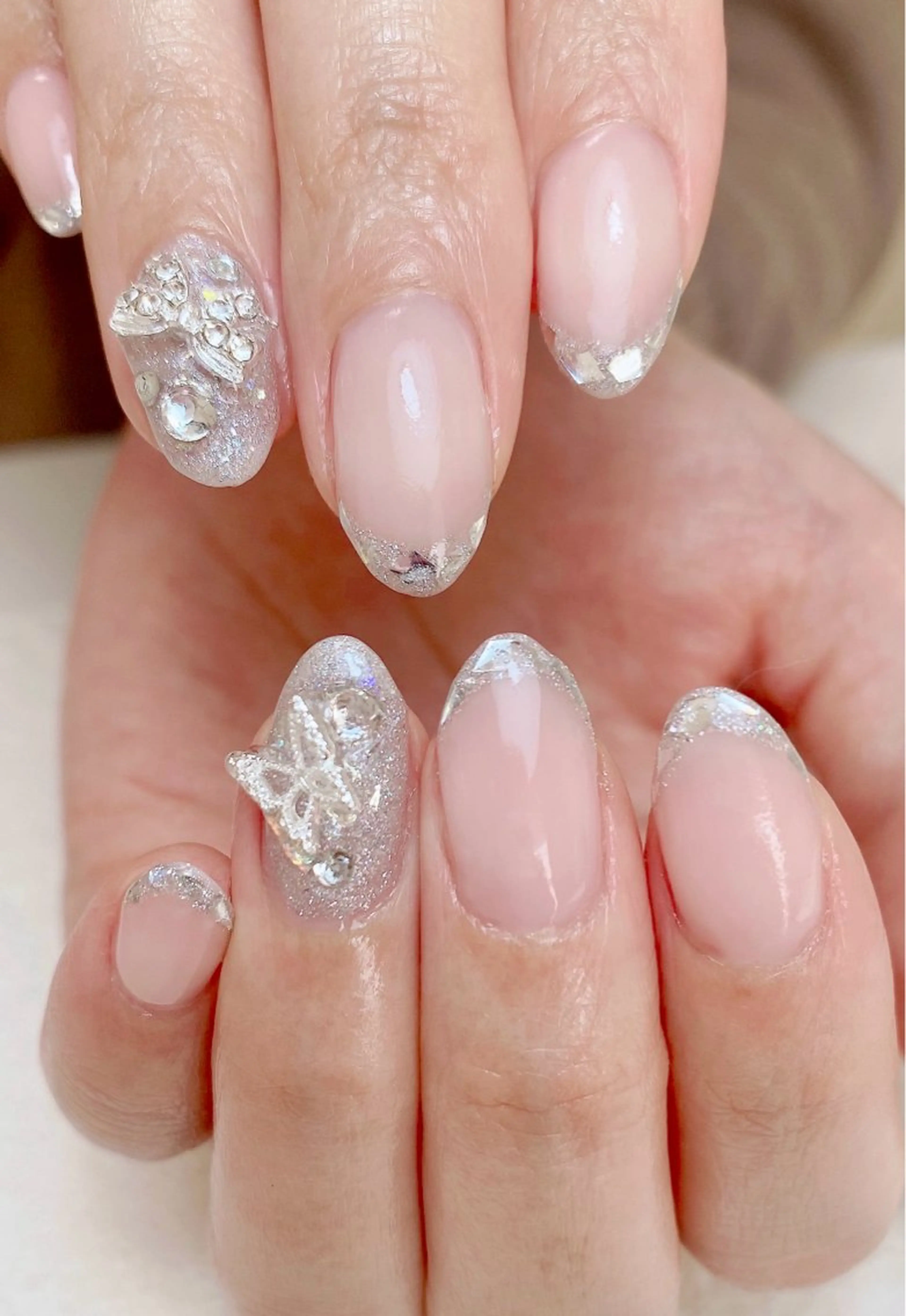 ネイル フラッシュネイル フレンチネイル ガラスフレンチ キラキラネイル ラメ(グリッター) ハンドネイル Nail Salon K 🧸美爪育成のネイルデザイン
