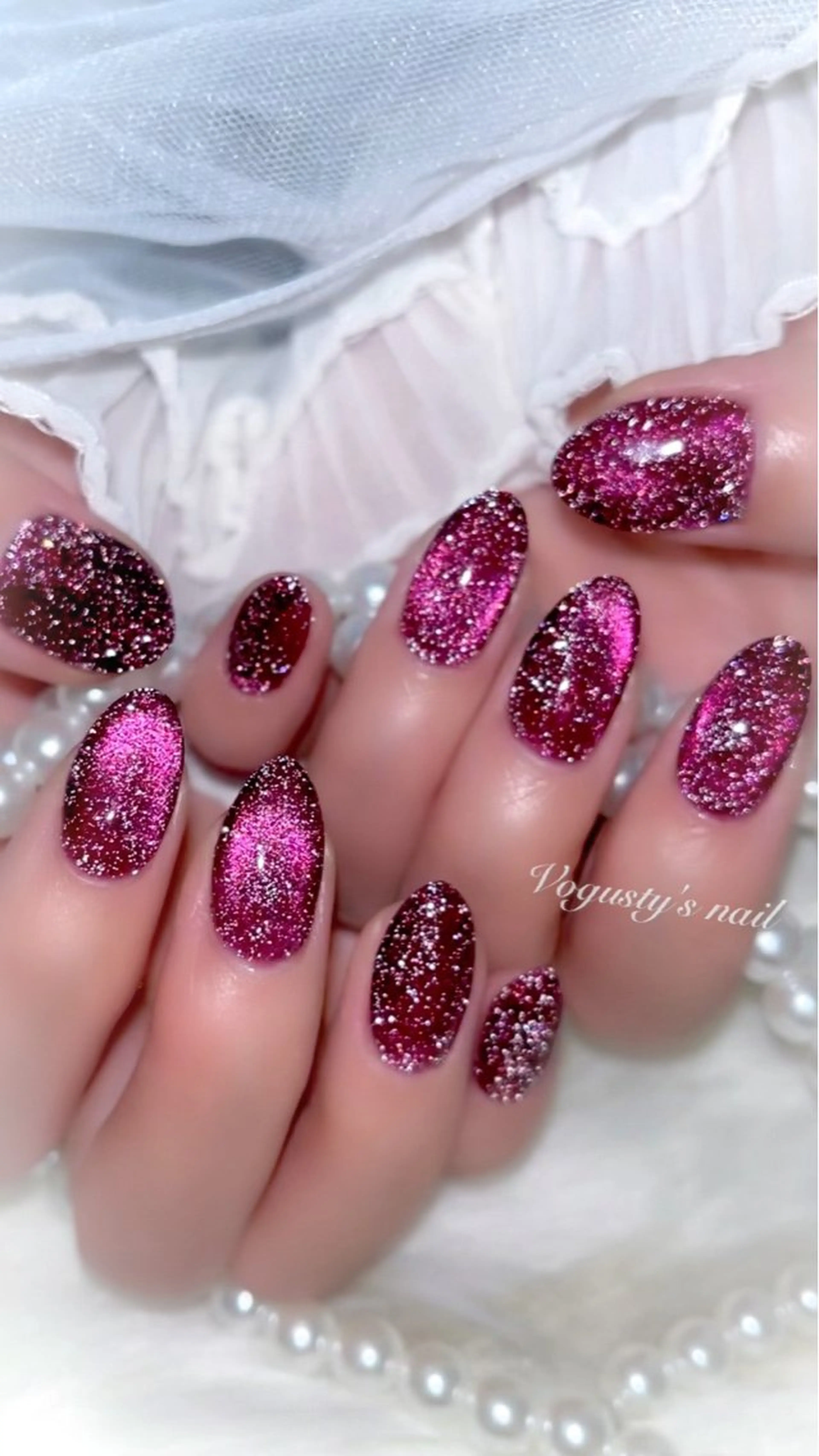 ネイル フラッシュネイル マグネットネイル ピンク クリスマス ハンドネイル ボガスティーズネイル 川崎店のネイルデザイン