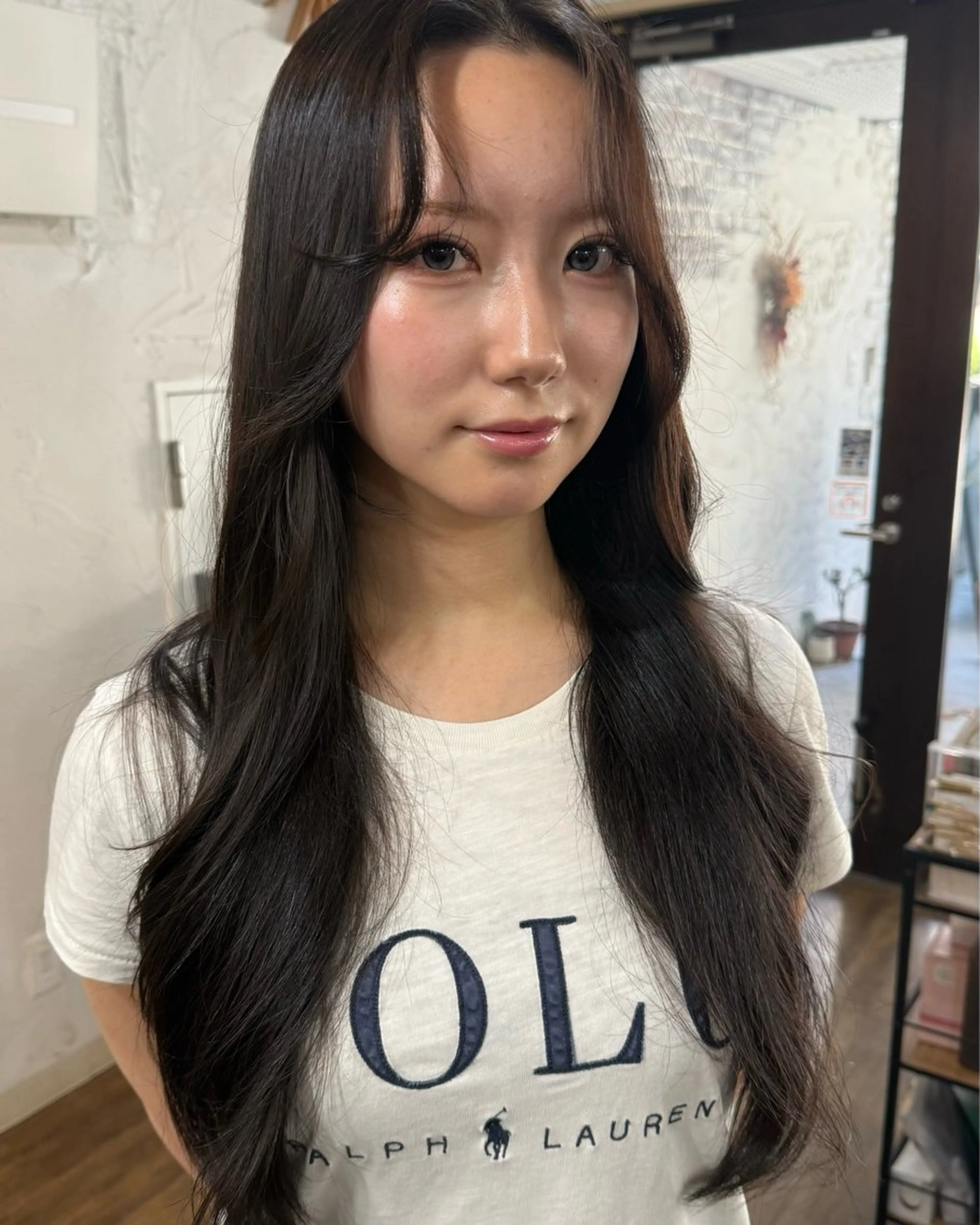ロング カラー パーマ ボブ くびれヘア 顔まわりレイヤー 顔周りカット 髪質改善 韓国レイヤー柔らかい 地毛風縮毛矯正/マツのヘアスタイル