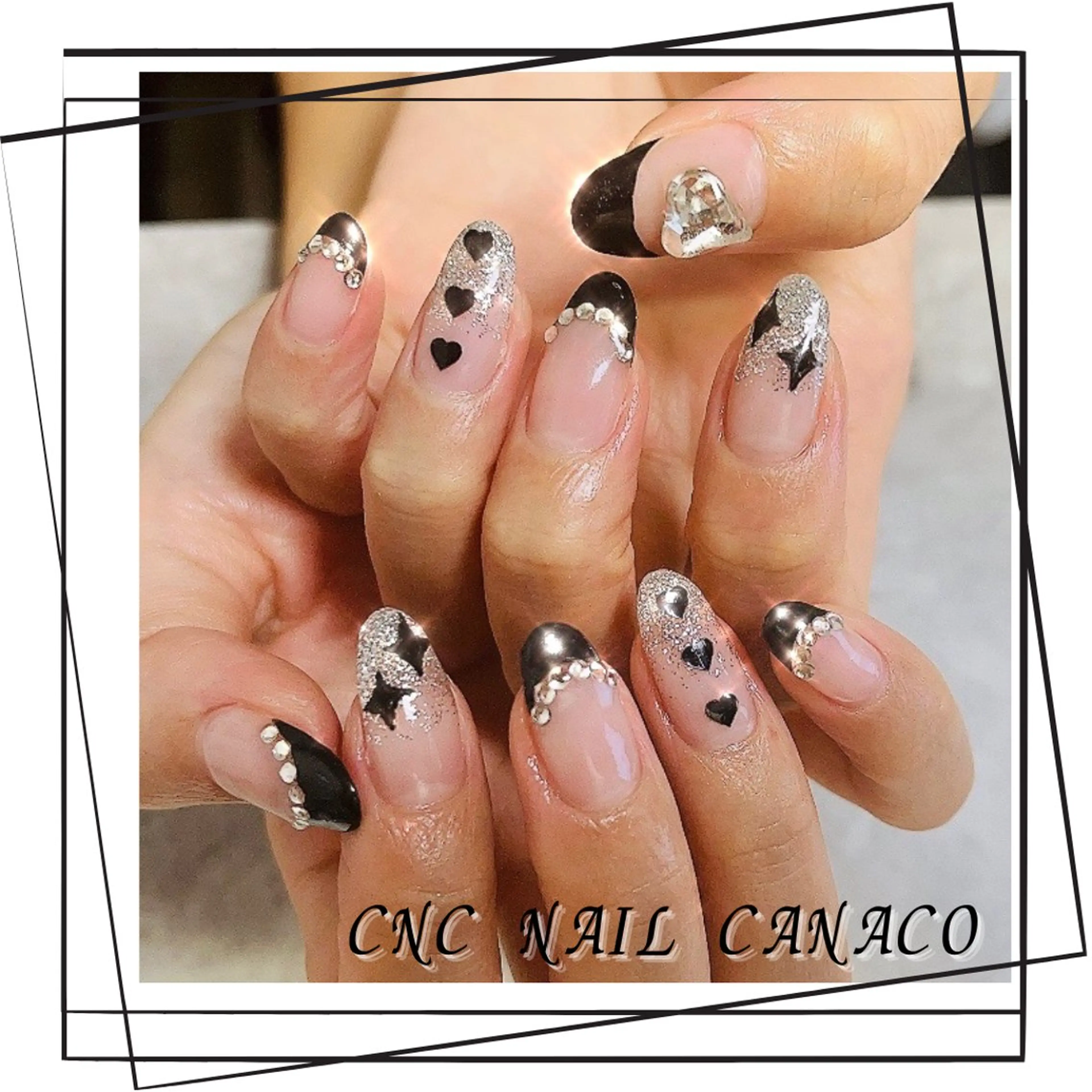 ネイル アートネイル フレンチネイル ハート 持ち込み ストーンネイル ハンドネイル ハンドケア ベテランネイル cnc  nailのネイルデザイン