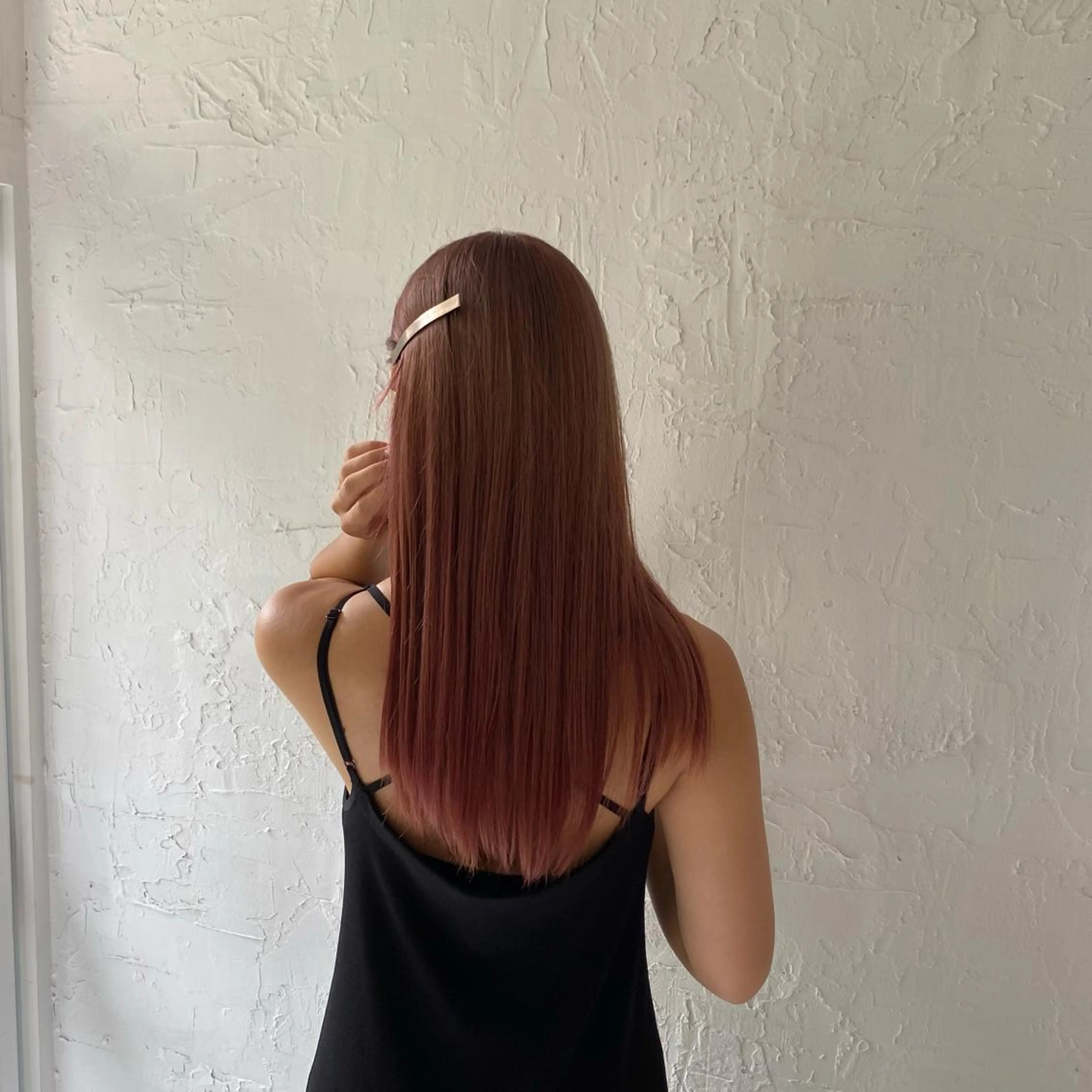 ロング 切りっぱなしボブ オレンジブラウン ピンクブラウン ボブ サイドバング タナカ レイのヘアスタイル