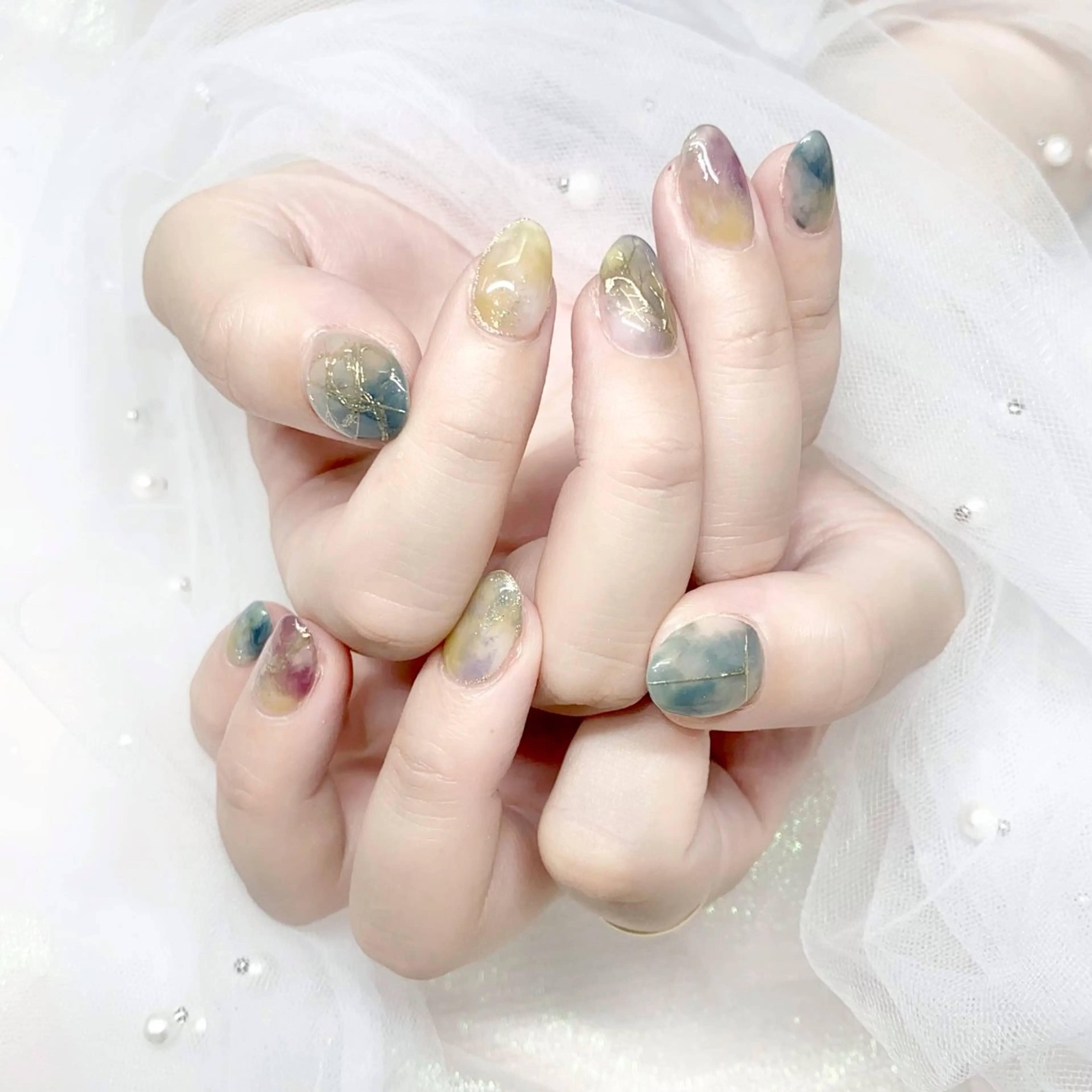 ネイル 長さ出し ジェルネイル キラキラネイル 大理石ネイル(マーブル) ニュアンスネイル Morpho nailのネイルデザイン