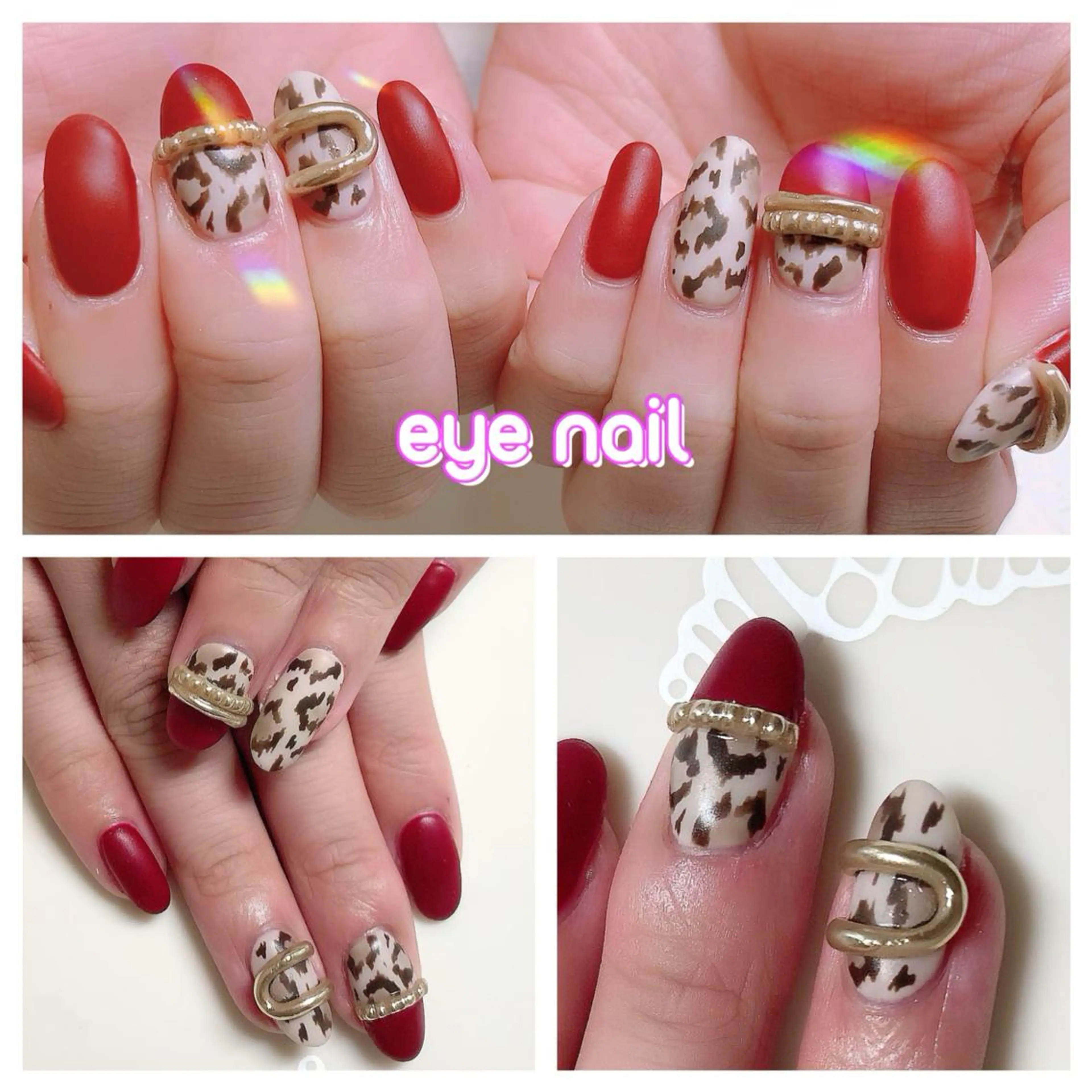 ネイル アニマル柄 ボルドー マットネイル 持ち込み ぷっくりネイル ハンドネイル Eye nailのネイルデザイン