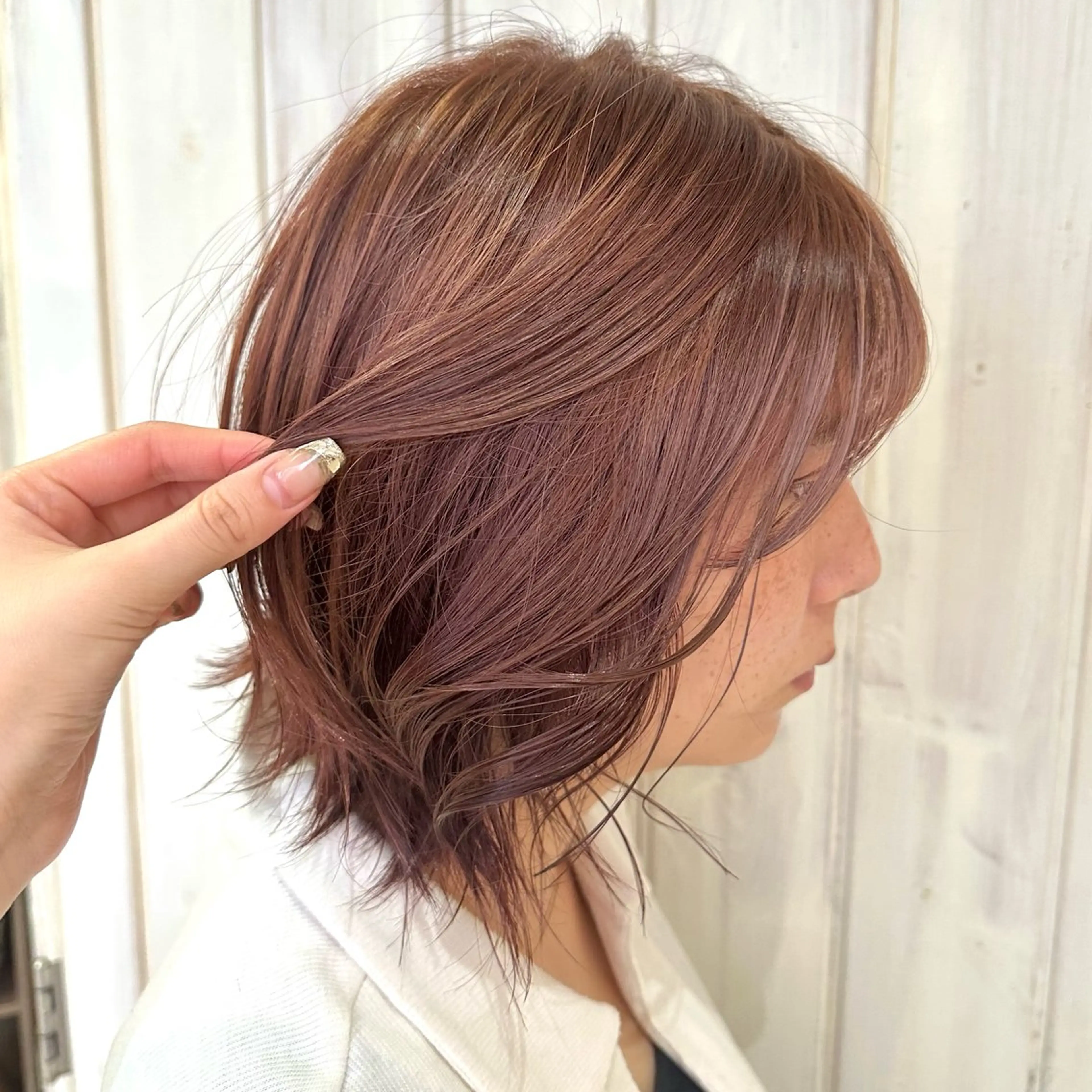 ミディアム カラー ブラウンカラー ピンクカラー ピンクブラウン 原宿/韓国ボブ /くびれボブ/優希のヘアスタイル