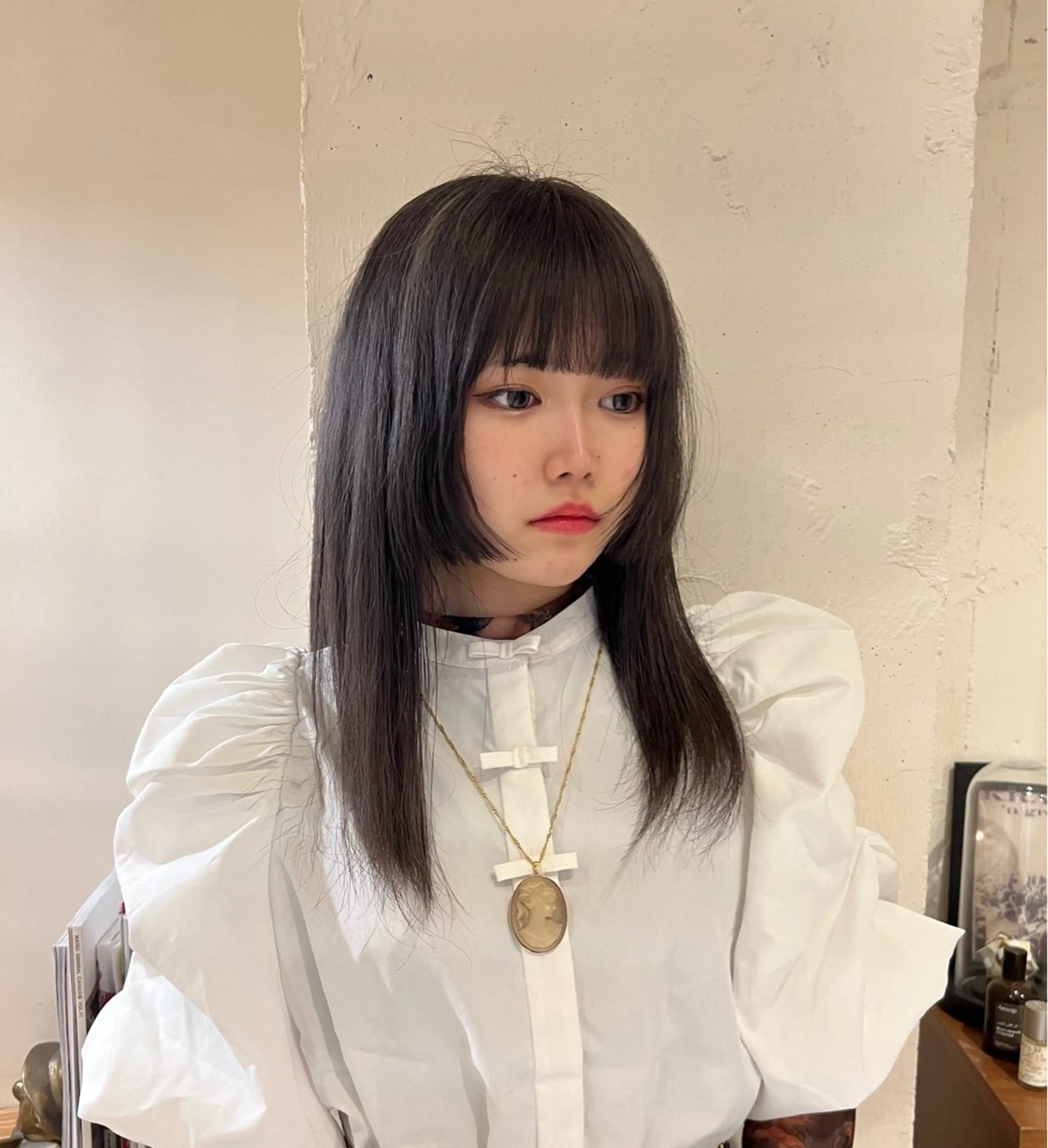 セミロング カラー ヘアアレンジ ブリーチ グレージュ 顔周りカット 姫カット レイヤーカット drop /Hiroto✩.*のヘアスタイル