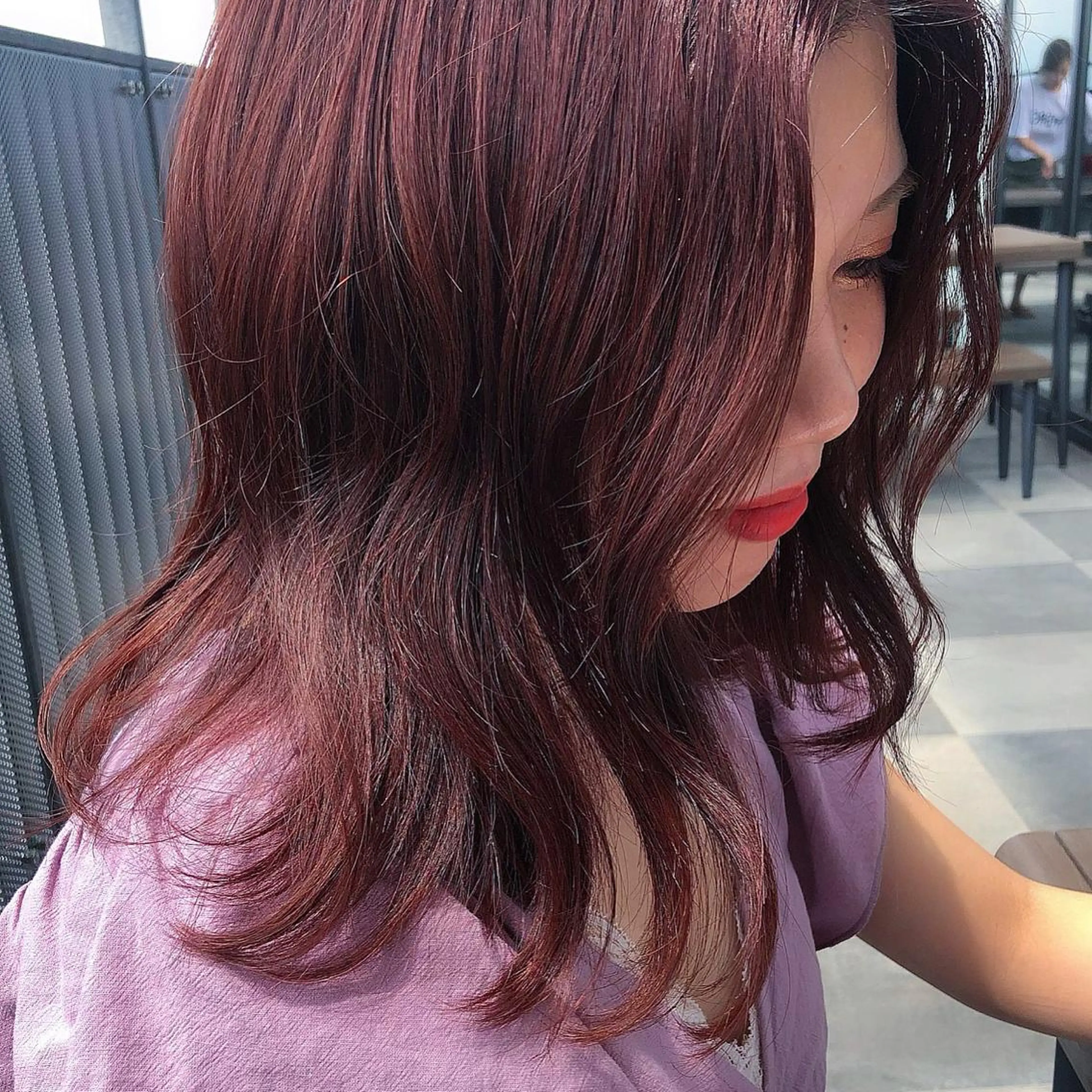 ミディアム カラー パーマ ヘアアレンジ 透明感カラー オレンジ ピンクカラー 極上の艶髪 RINAのヘアスタイル
