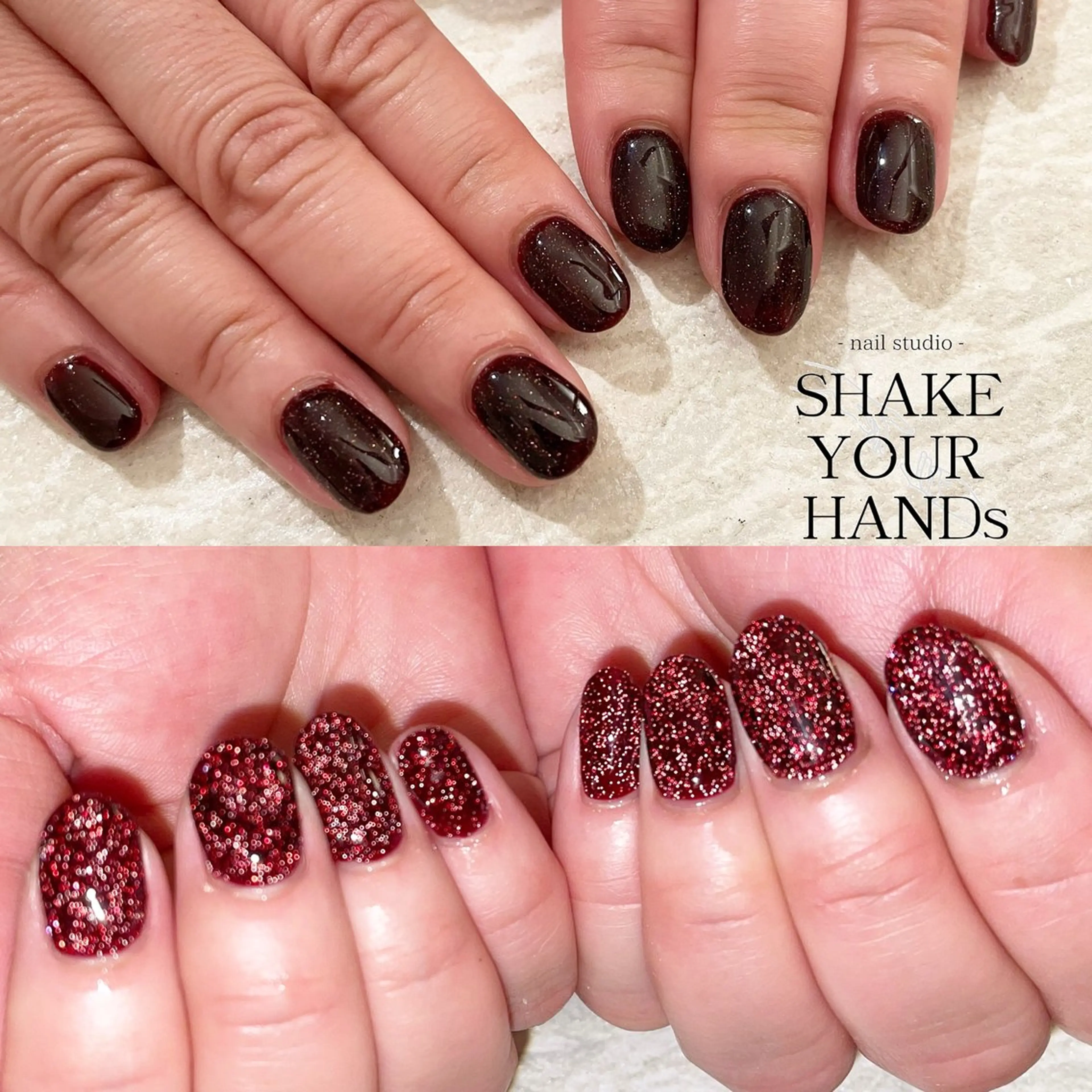 ネイル ボルドー フラッシュネイル ハンドネイル ネイルスタジオ シェイクユアハンズのネイルデザイン