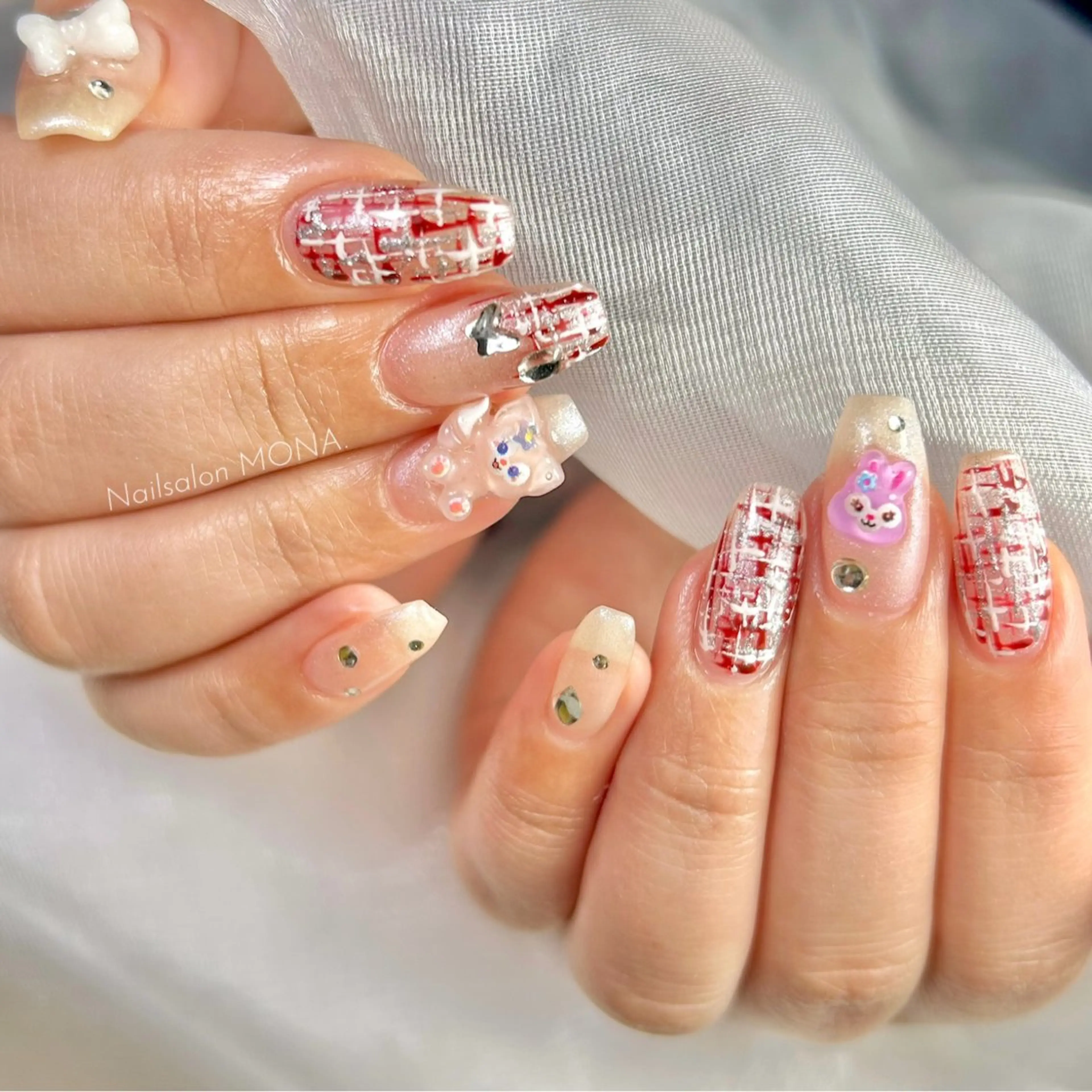 ネイル リボン ツイードネイル ハンドネイル Nailsalon MONA.のネイルデザイン