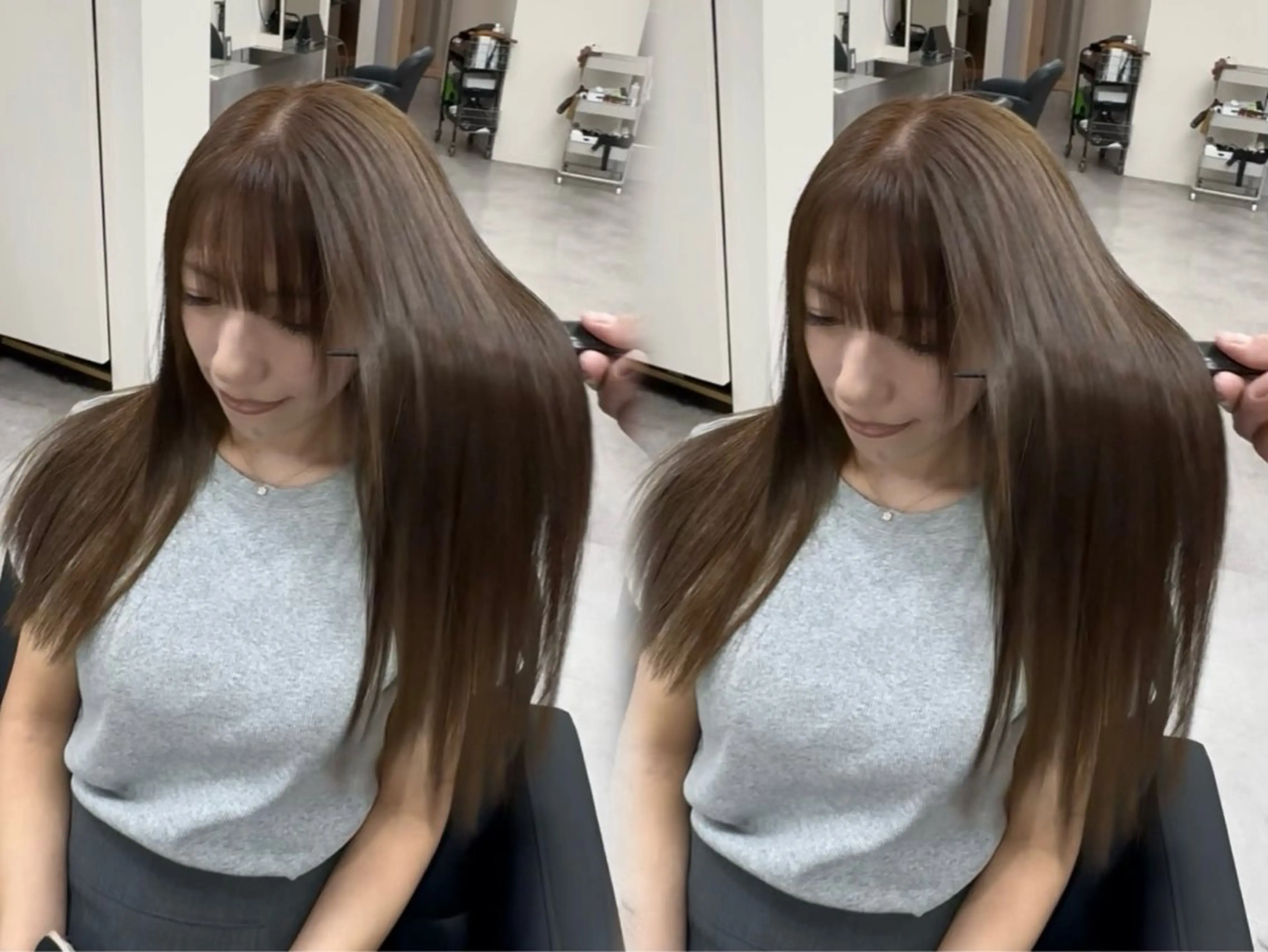 ロング カット 縮毛矯正 トリートメント 🫧とぅるん艶髪🫧 透明感カラー×猿渡のヘアスタイル