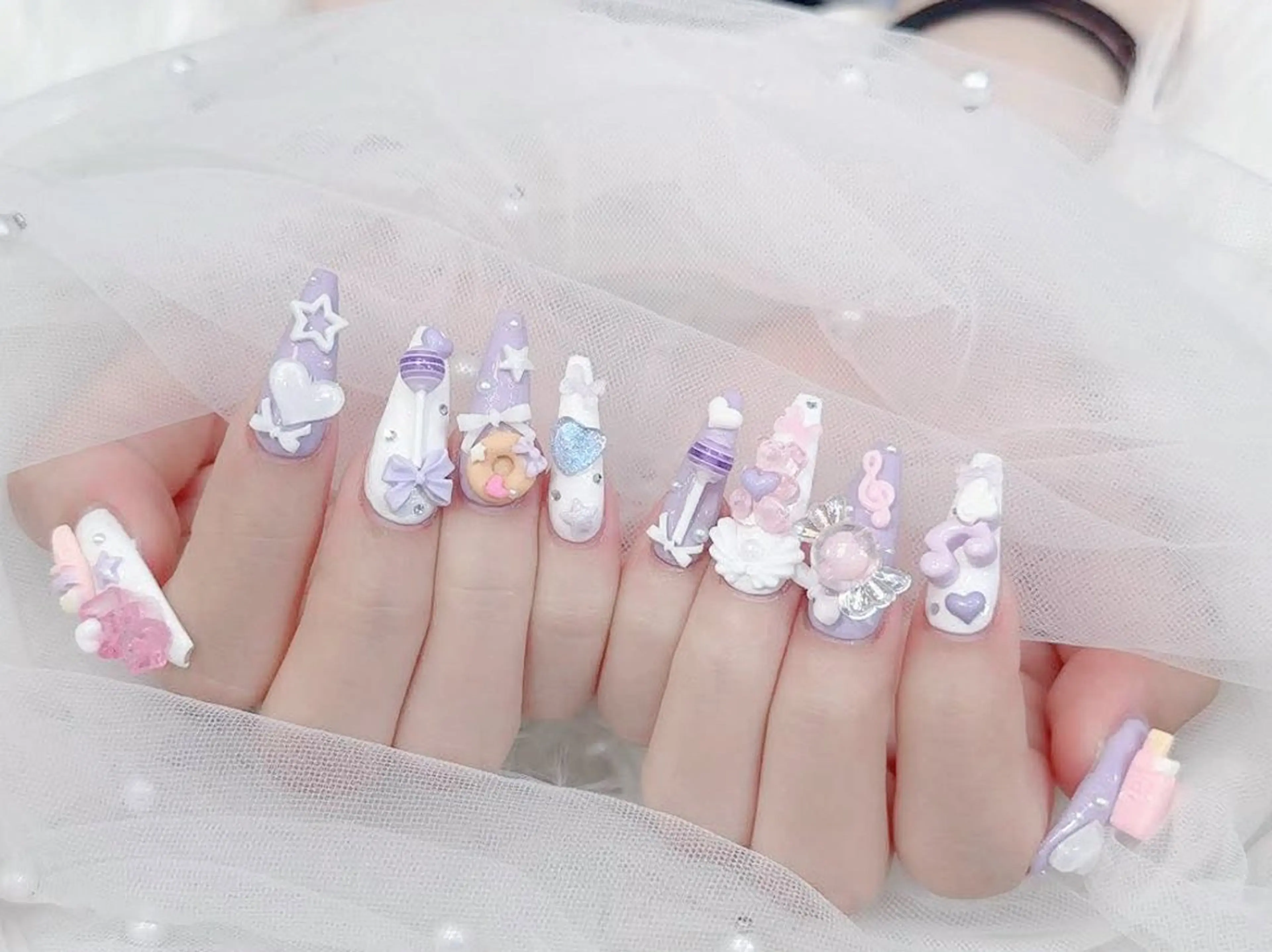 ネイル 成人式 大理石ネイル(マーブル) リボン 夏ネイル ネイルチップ ハンドネイル MoMoA Nail ネイル長さ出し専門店のネイルデザイン