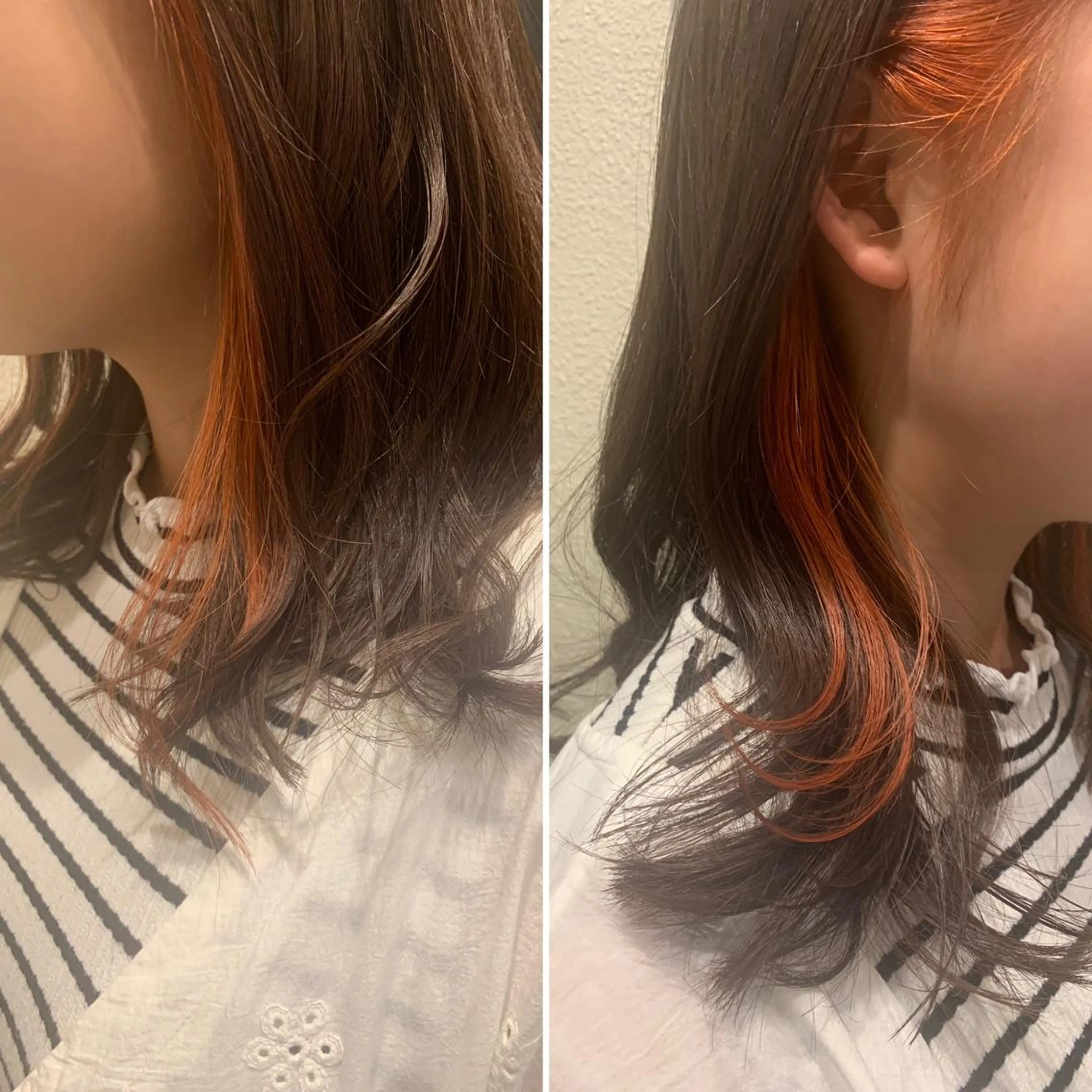 セミロング カラー アッシュ アッシュグレー イヤリングカラー オレンジ 藤本 麻衣のヘアスタイル