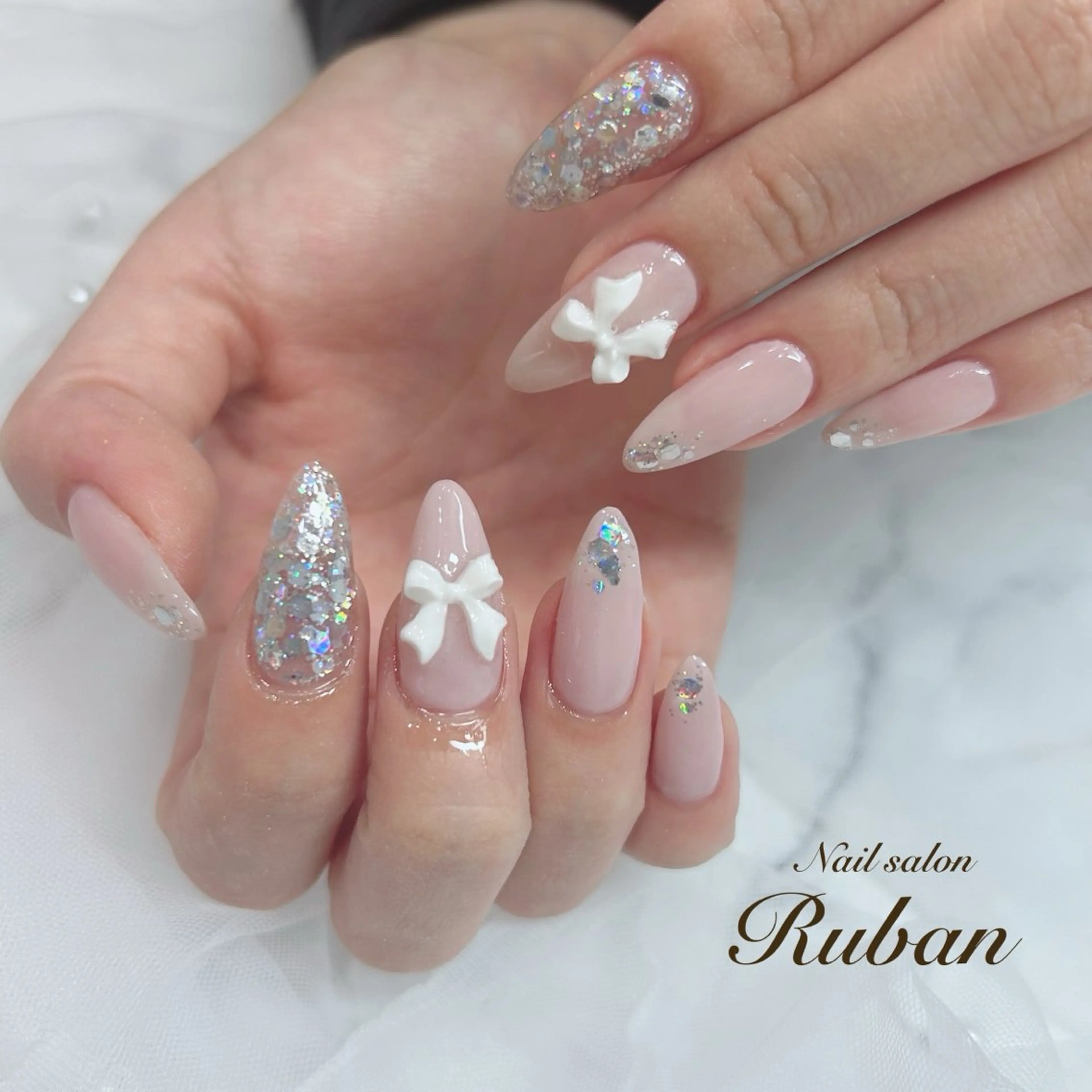 ネイル 長さ出し ロングネイル リボン スカルプネイル Nail salon Rubanのネイルデザイン
