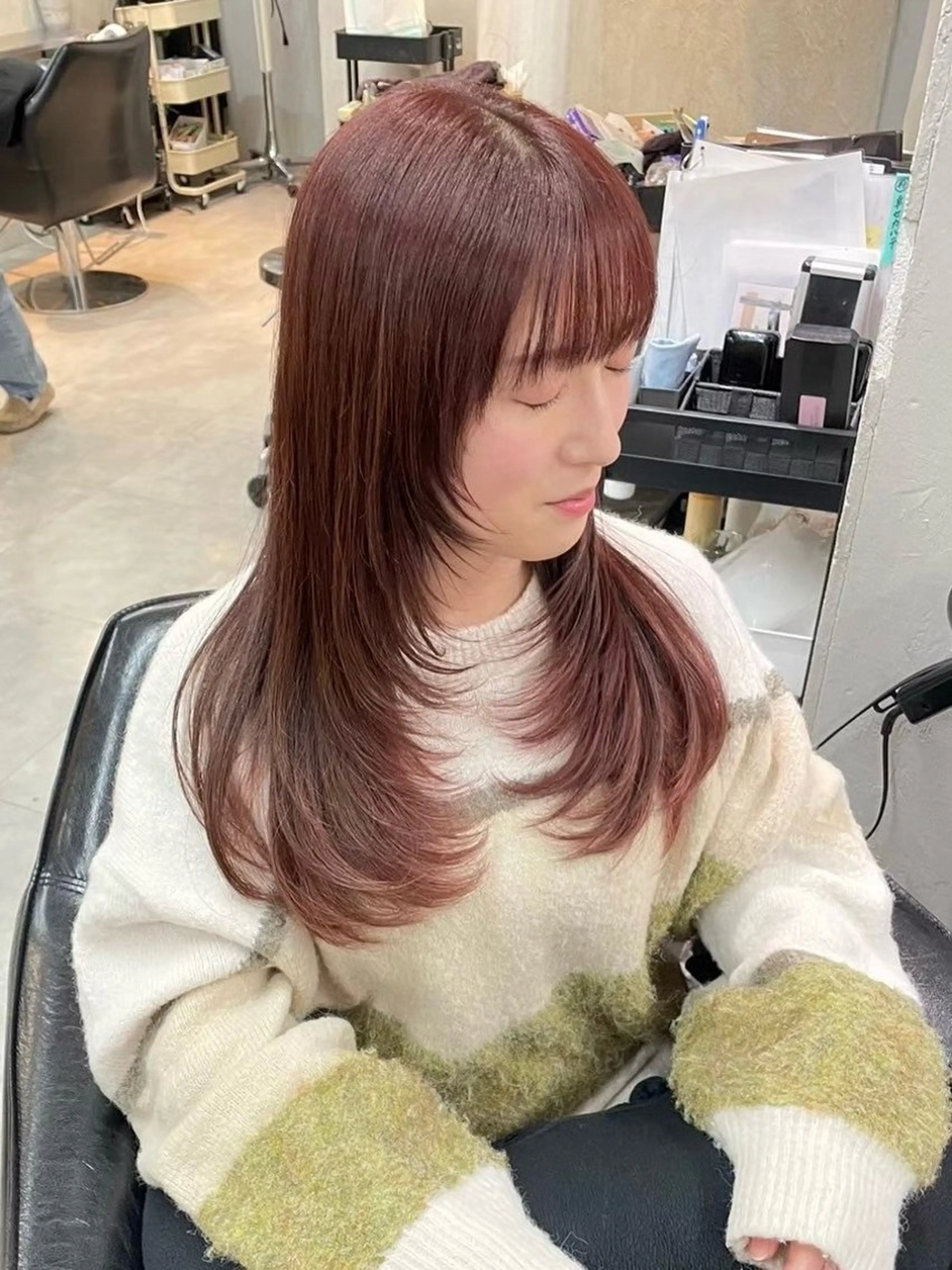 ロング ピンクブラウン 顔周りカット カット ヘアカラー こうき/前髪割れ癖 改善/カット/カラーのヘアスタイル