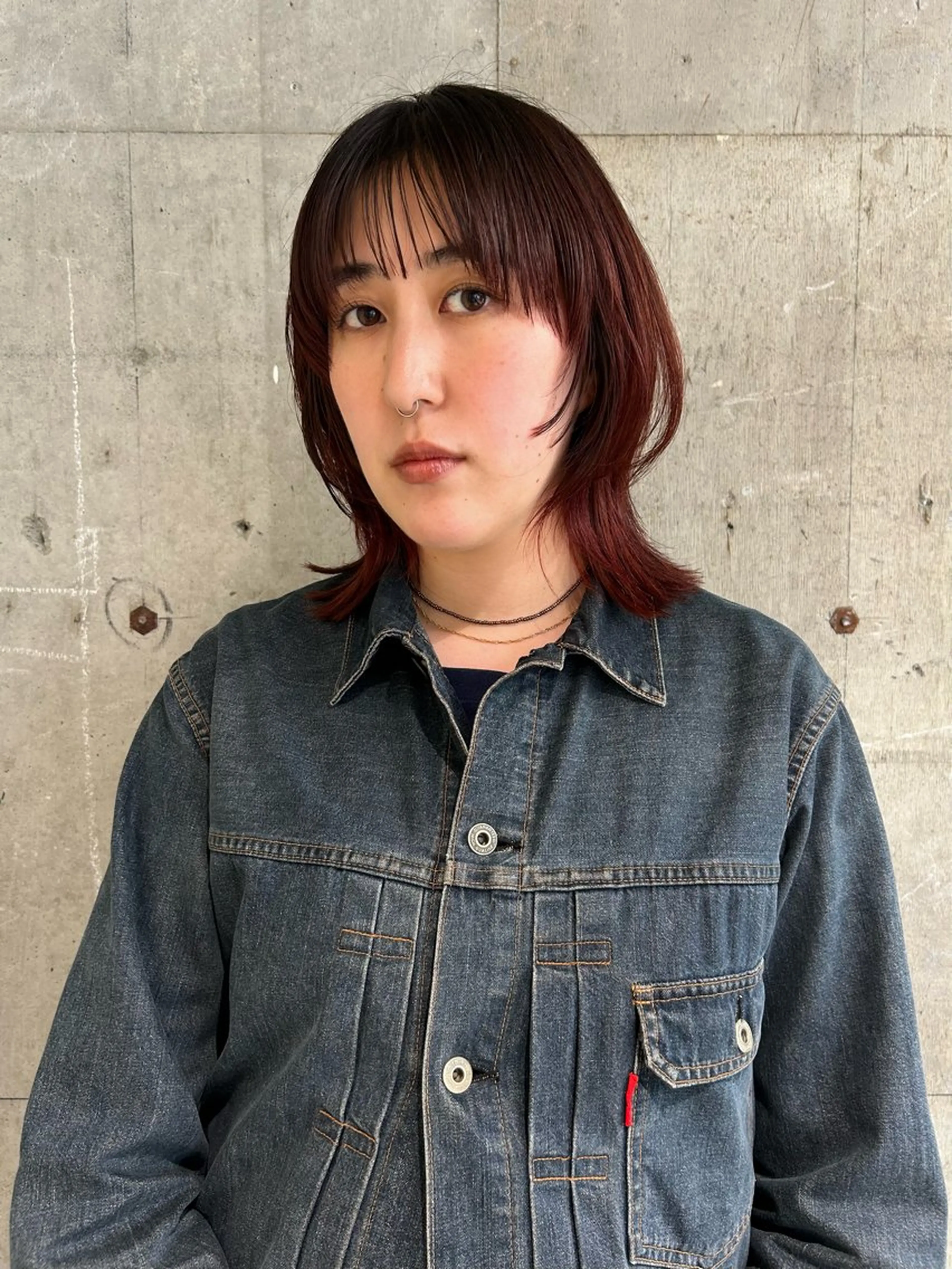 ミディアム カラー レッドカラー 顔まわりレイヤー レイヤーカット カット ヘアカラー ボブレイヤー/ カラー診断/Amiのヘアスタイル