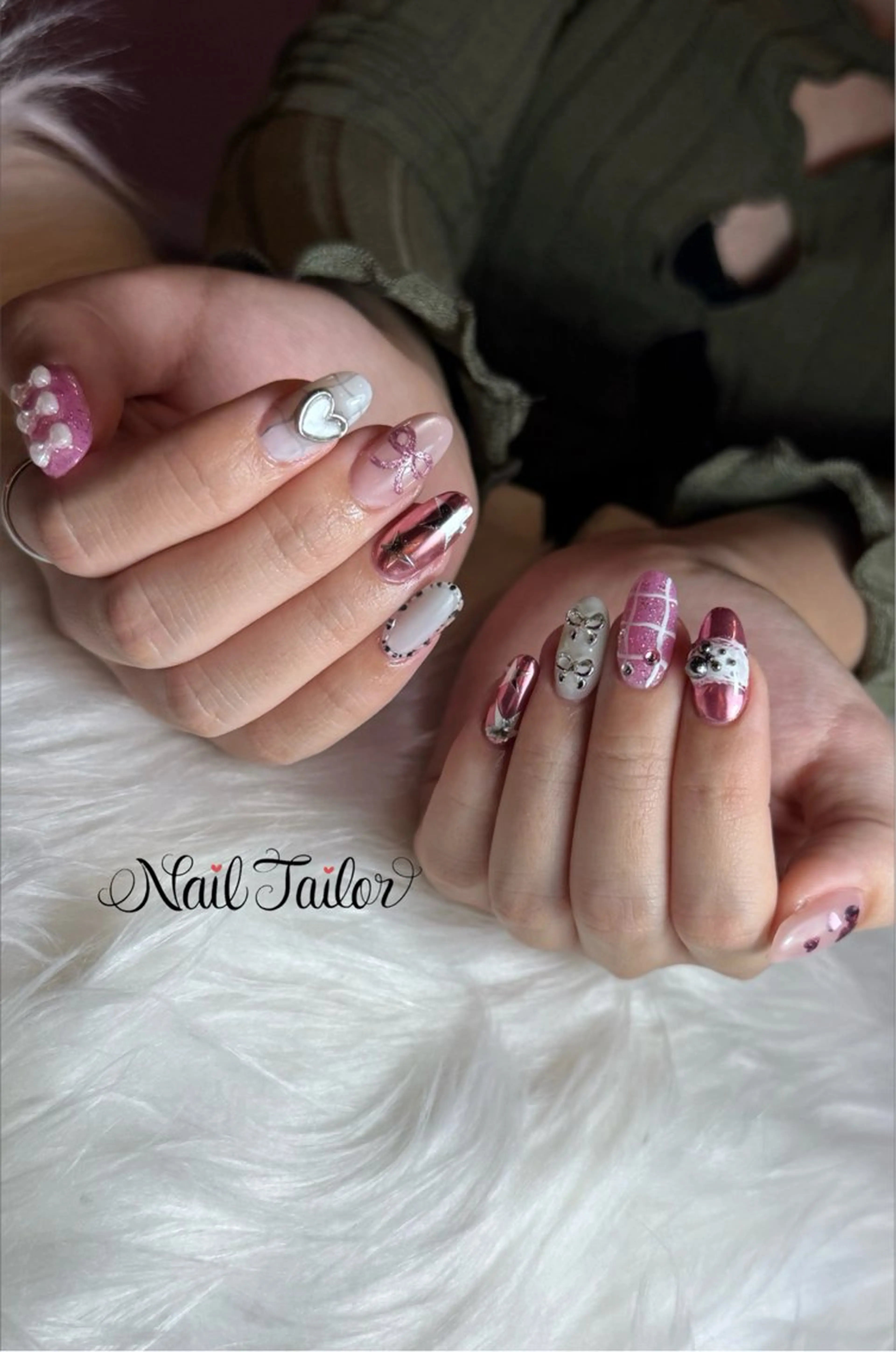 ネイル 長さ出し 韓国ネイル マグネットネイル ピンク リボン ハンドネイル 〜Nail Tailor〜　ネイルテイラー所属・NailTailor ネイルテイラーのネイルデザイン