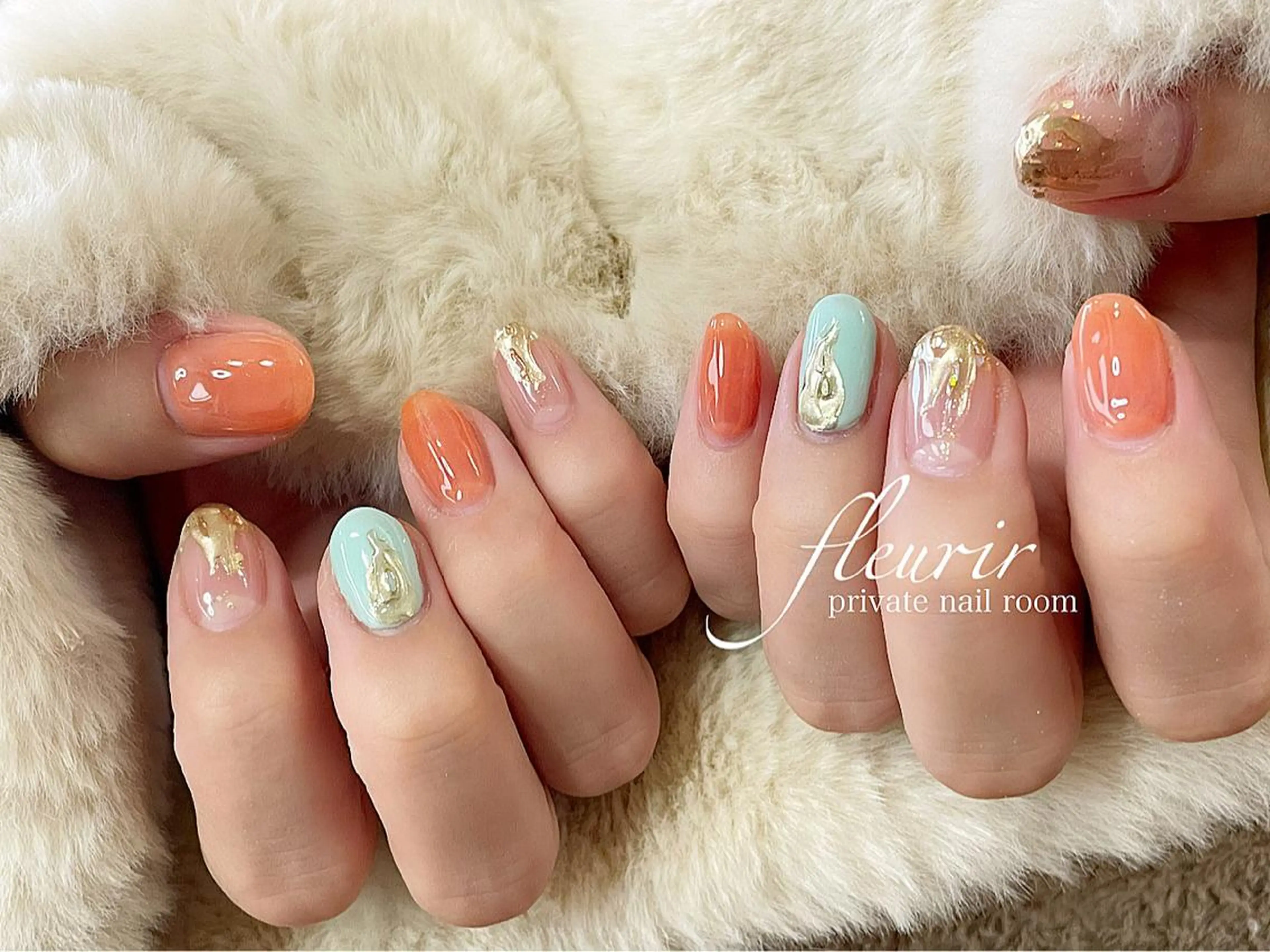 ネイル アートネイル ミラーネイル オレンジ フルリール 【プライベートサロンのネイルデザイン