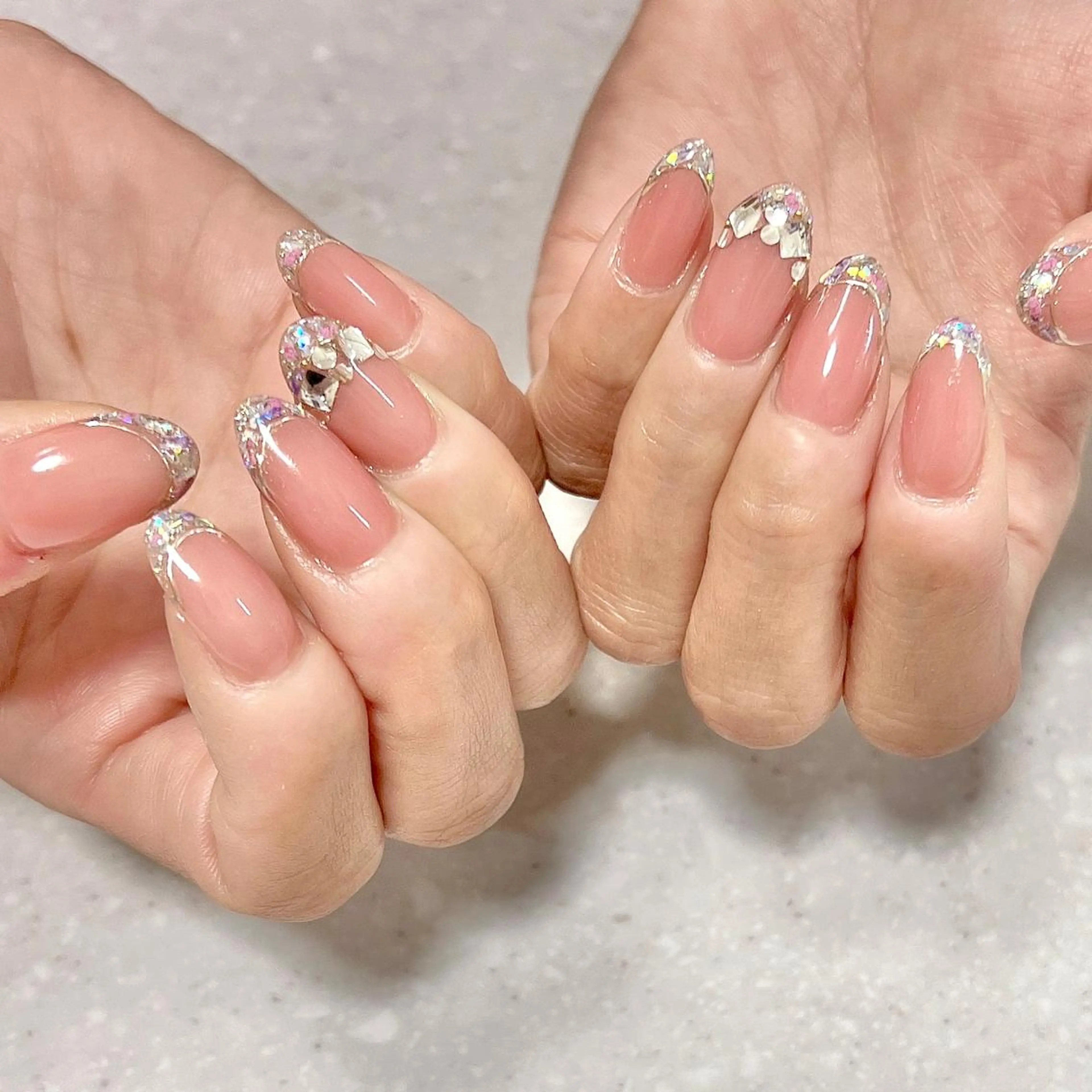 ネイル フレンチネイル ガラスフレンチ キラキラネイル ラメ(グリッター) ミラーネイル ステラ marikominoのネイルデザイン