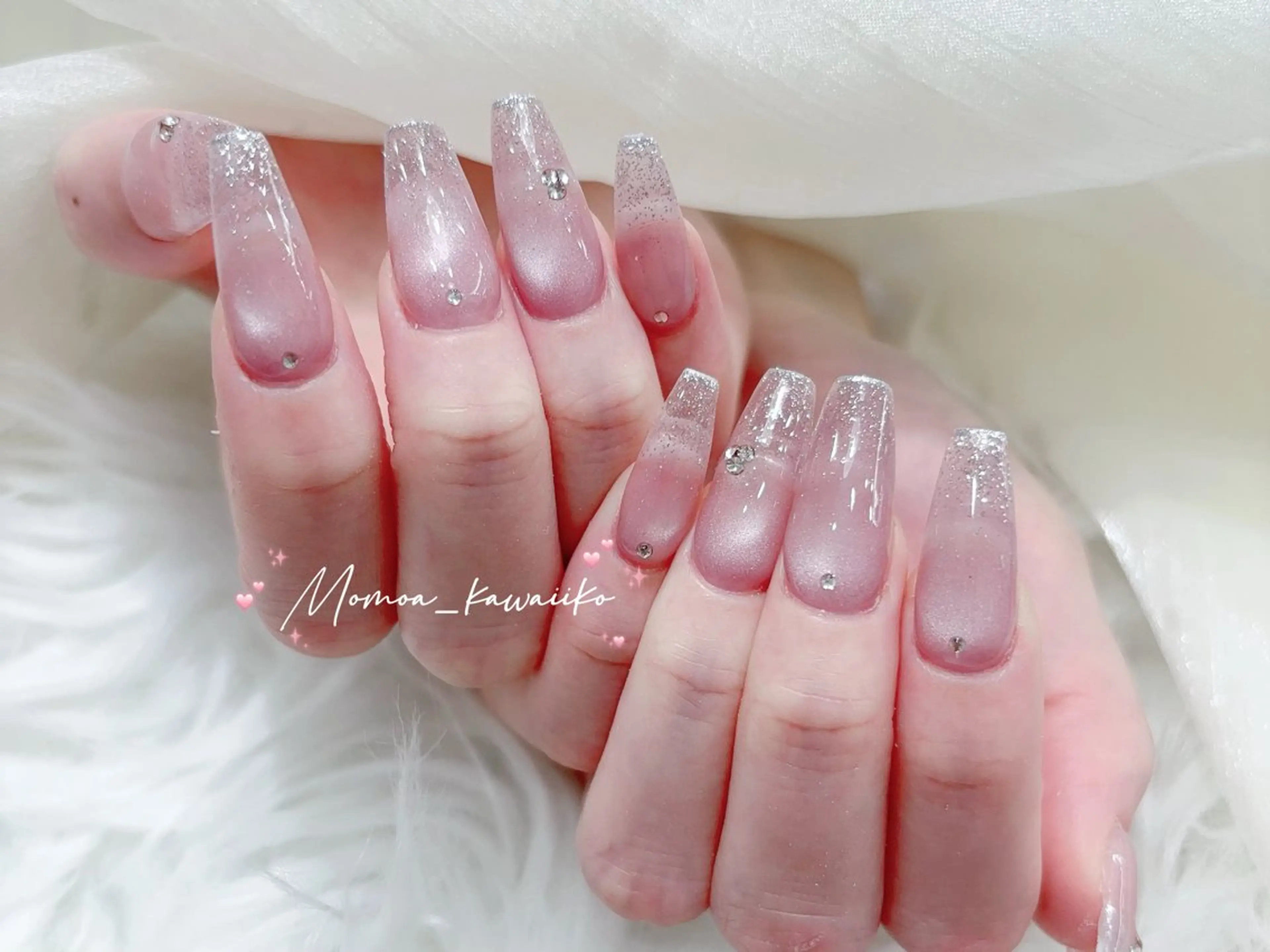 ネイル 成人式 マグネットネイル 大理石ネイル(マーブル) リボン 夏ネイル ハンドネイル MoMoA Nail ネイル長さ出し専門店のネイルデザイン