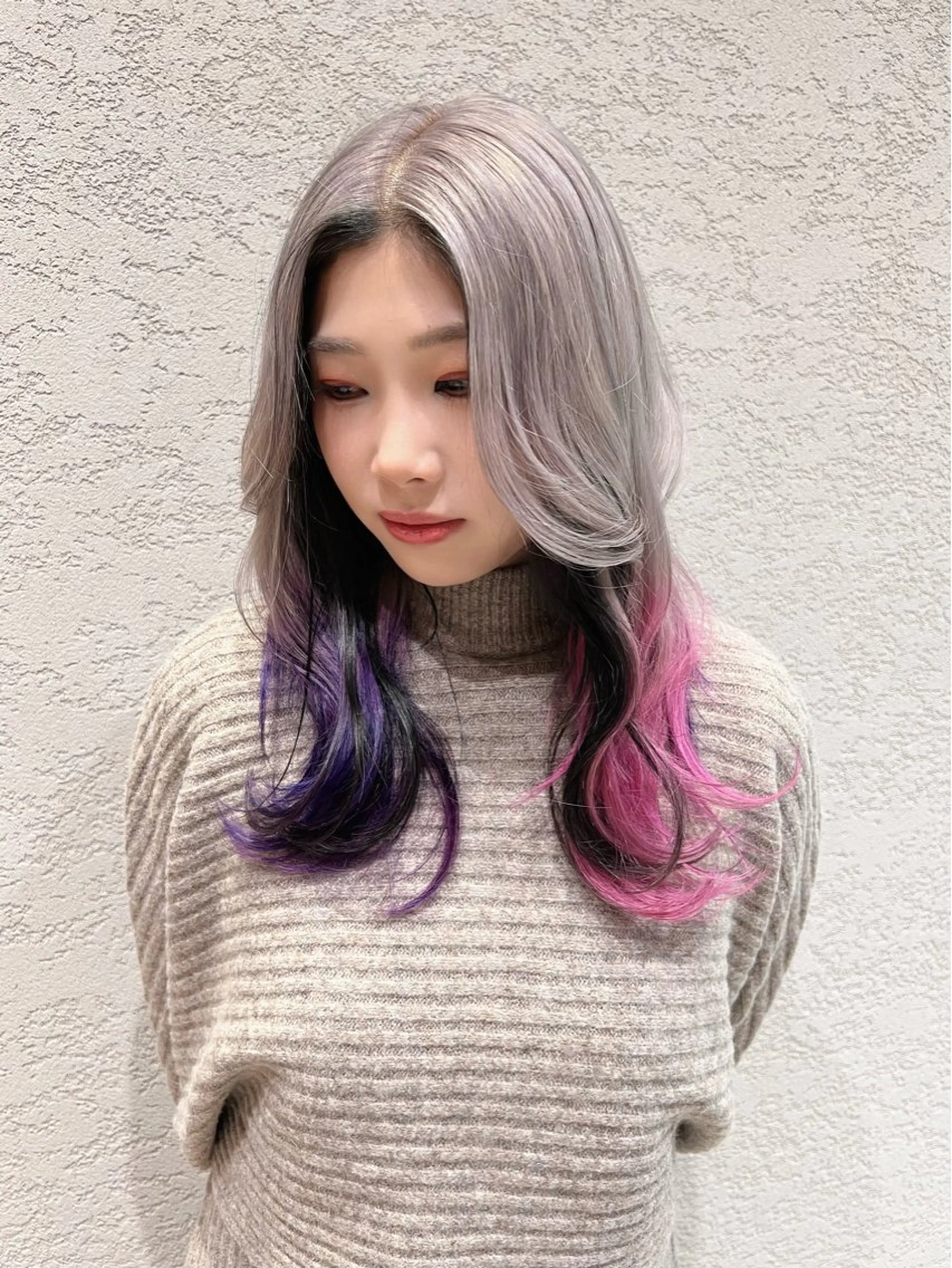 セミロング カラー ヘアカラー トリートメント 興津/韓国レイヤー ダブルカラー美髪縮毛のヘアスタイル