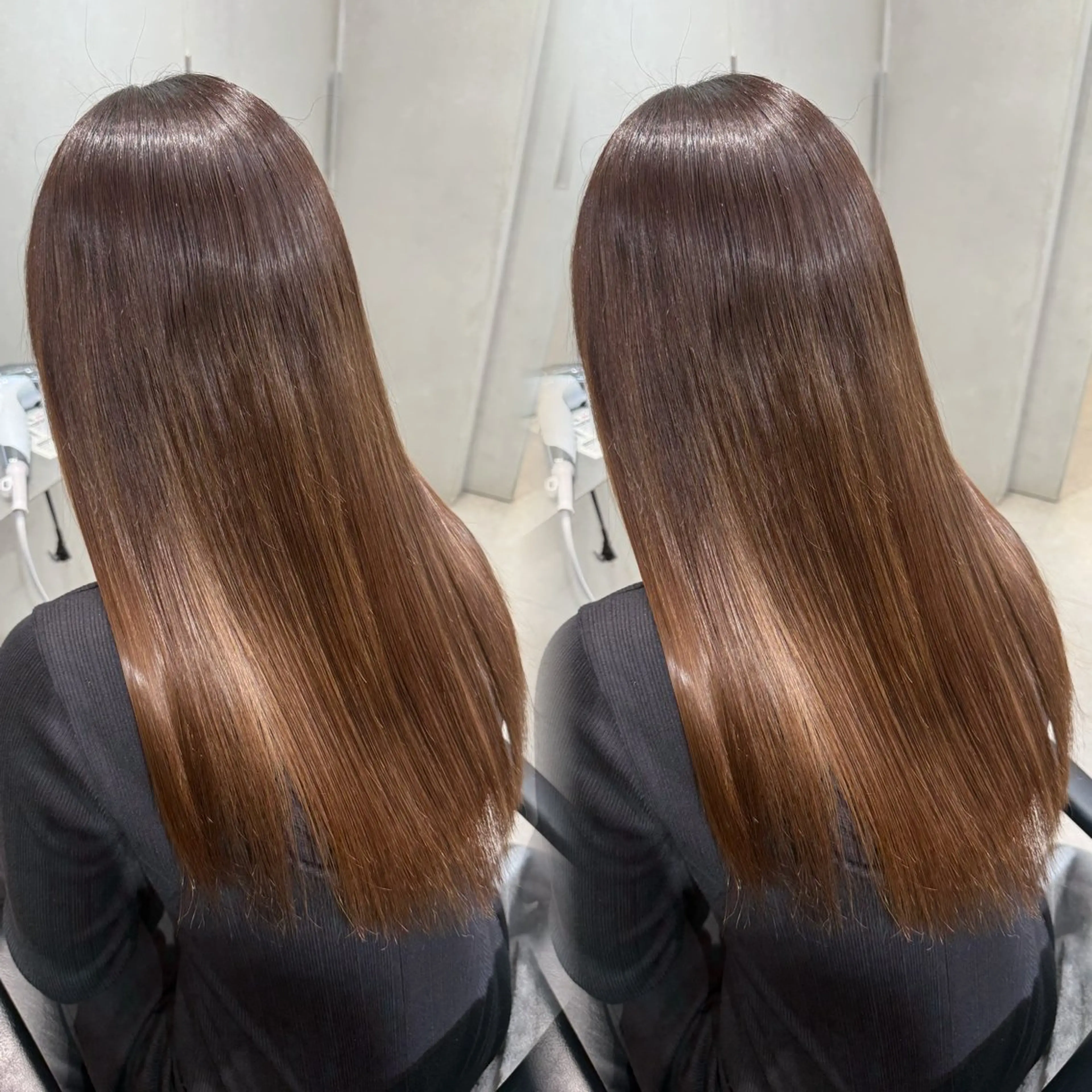 ロング カラー パーマ ブラウンカラー 髪質改善 縮毛矯正 ストレートパーマ ヘアカラー 縮毛矯正 表参道/ハイライト バレイヤージュのヘアスタイル