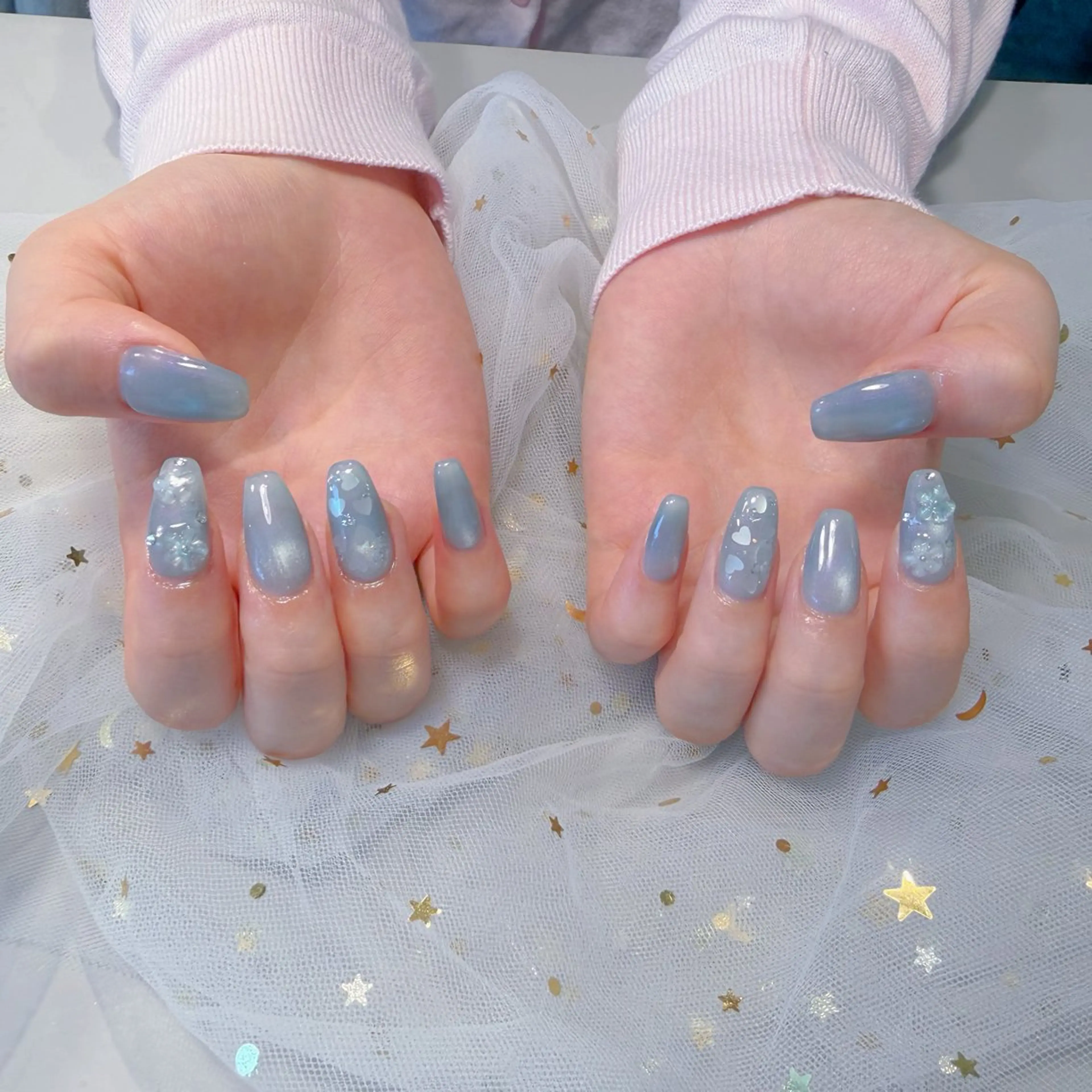 ネイル ハート 水色 マグネットネイル 夏ネイル U.MI Nail Salonのネイルデザイン
