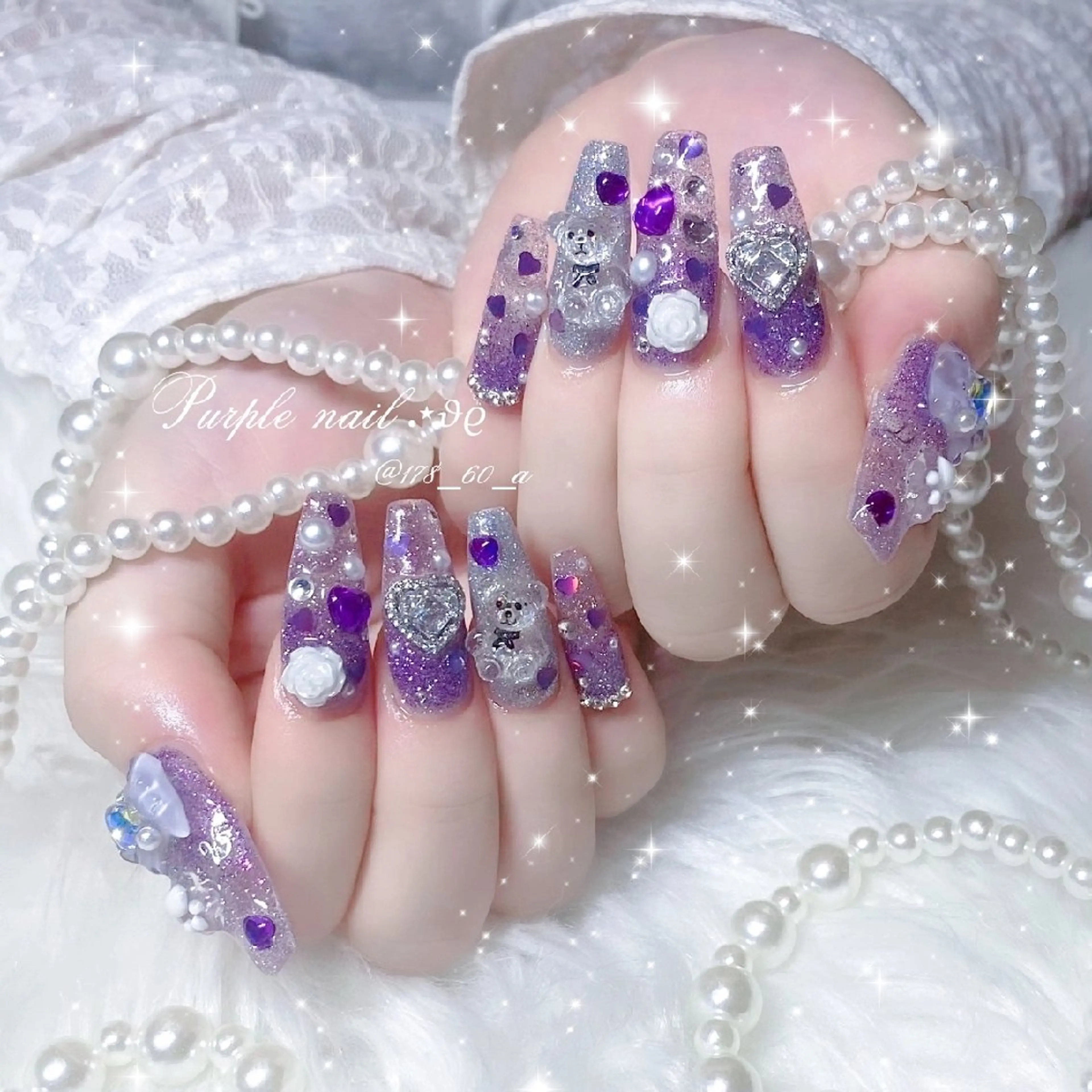 ネイル グラデーション ハート ラメ(グリッター) ラメグラデーション パープル ハンドネイル HAPPINAS🎀  れん🖤痛ネイルのネイルデザイン