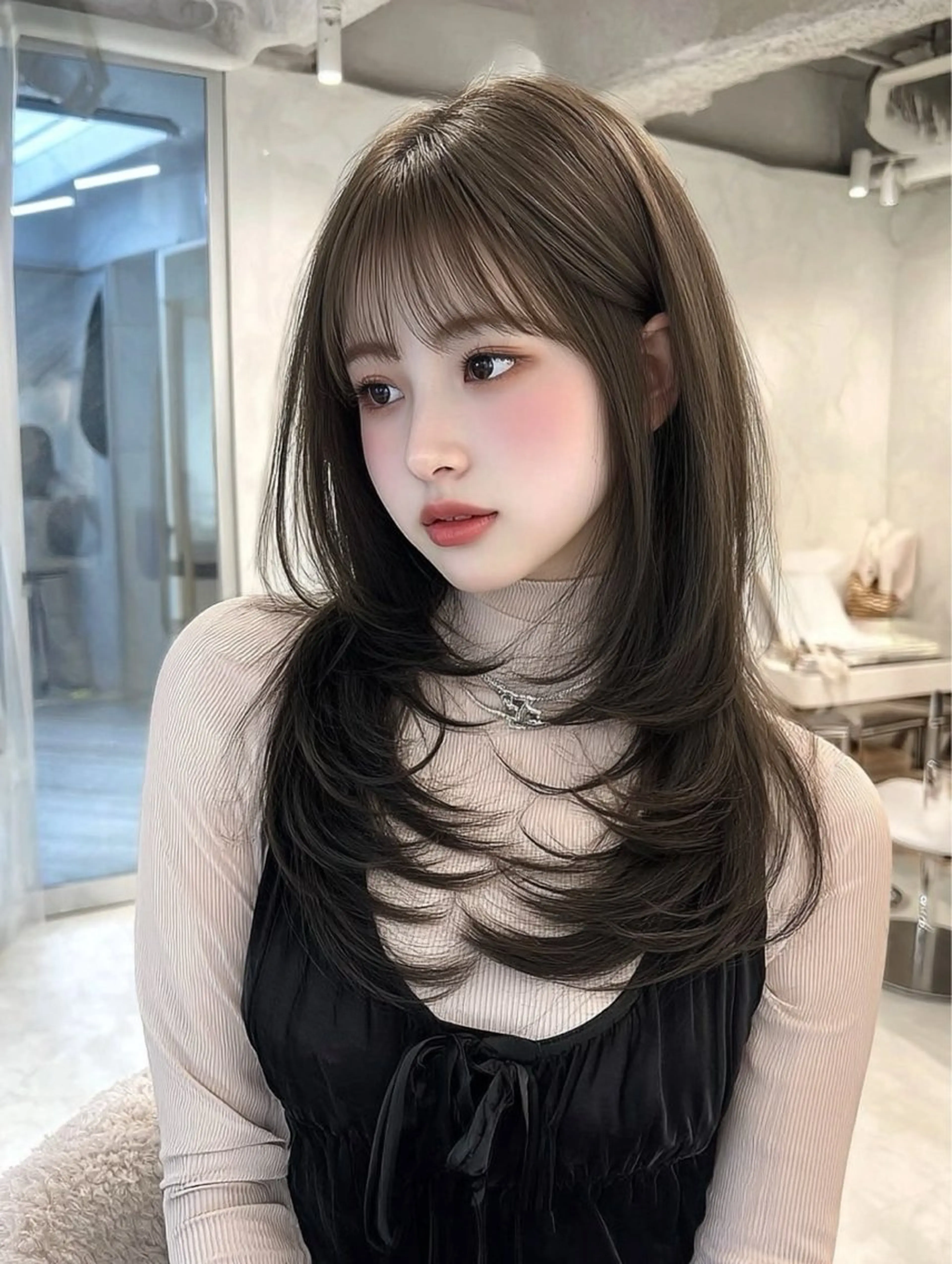 ロング ボブ 顔まわりレイヤー 韓国風ヘア レイヤーカット ウルフカット 岡田 望愛🫧のヘアスタイル