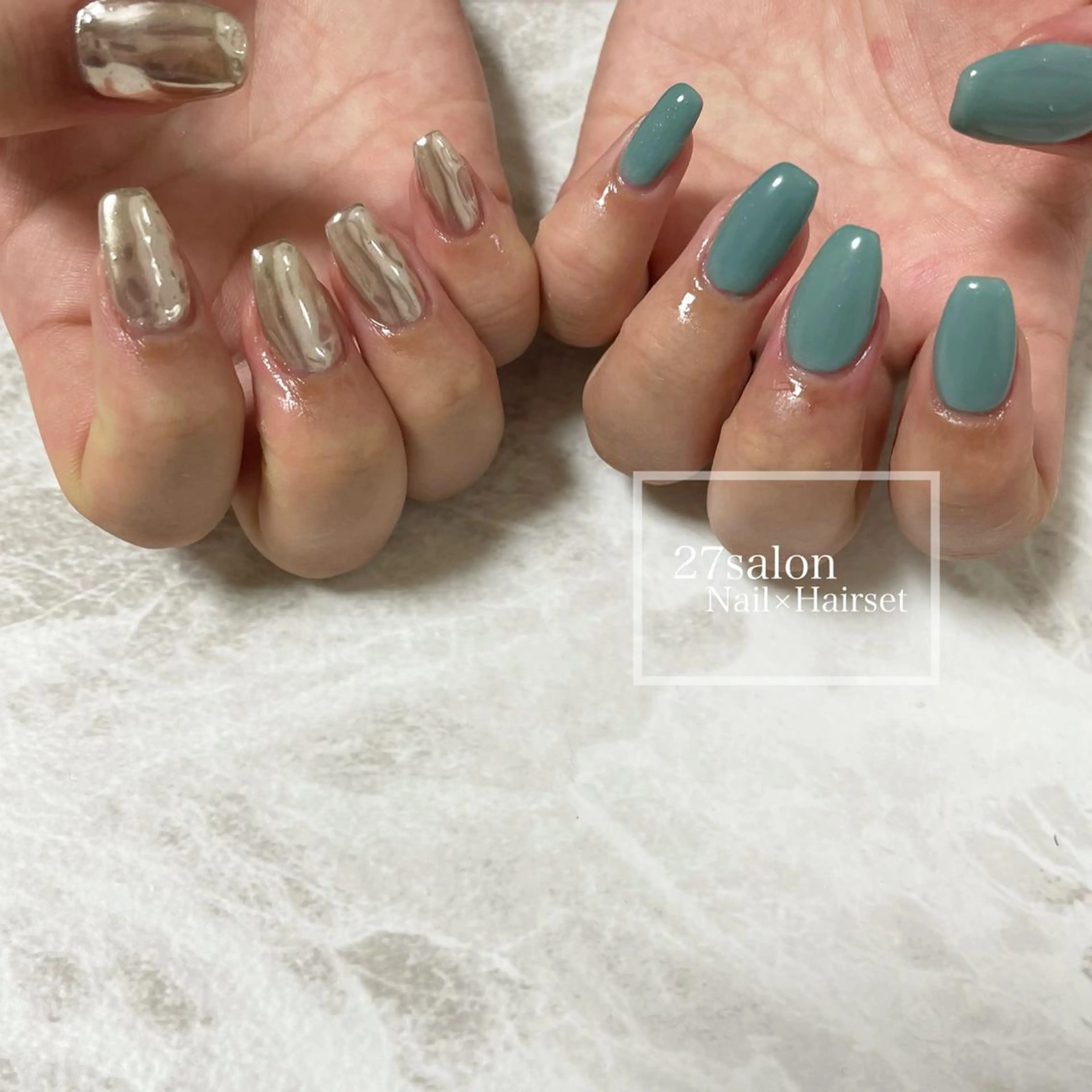 ネイル グリーン ミラーネイル 27salon yuinaのネイルデザイン