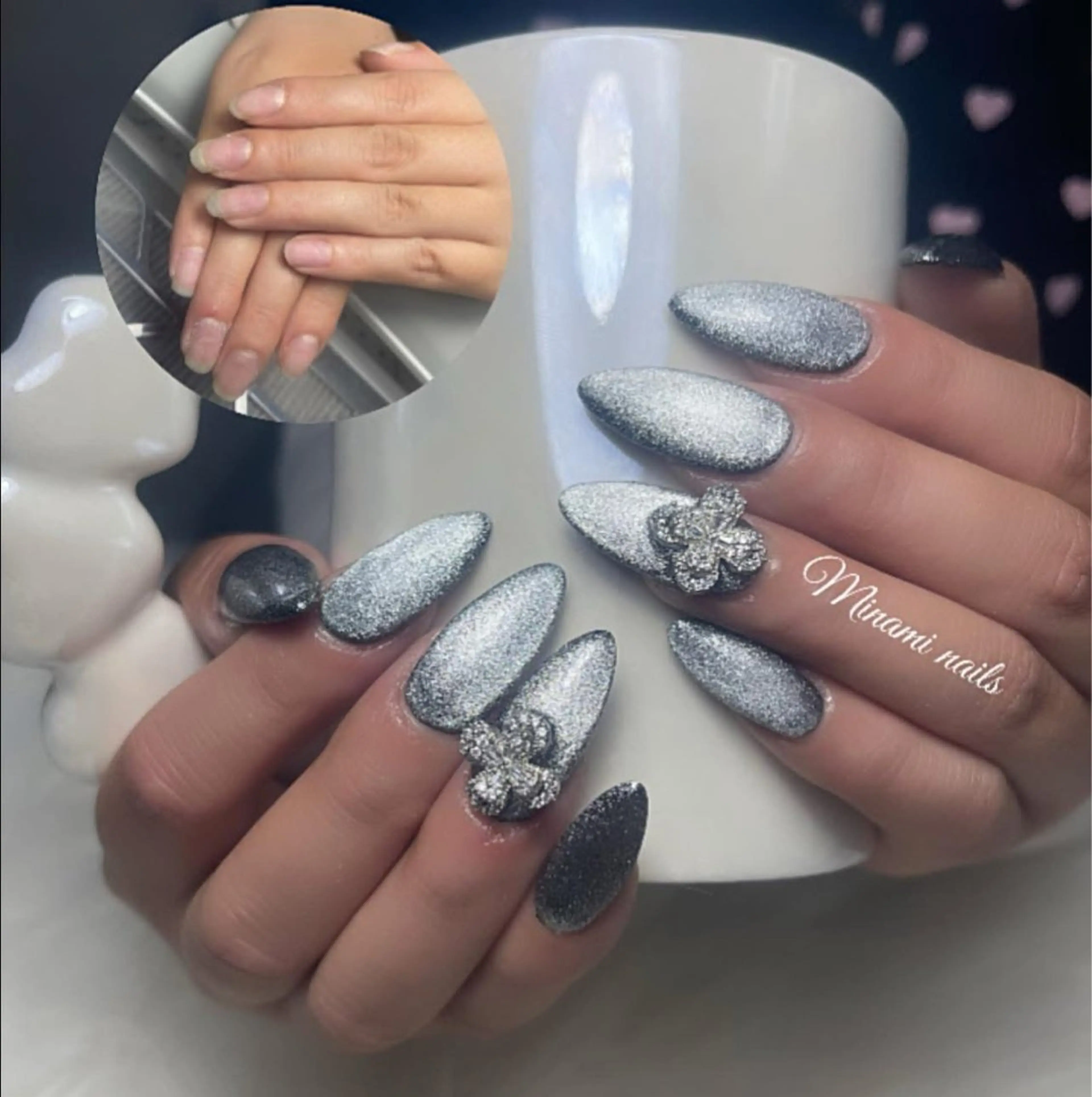 ネイル フラワーネイル マグネットネイル シルバー Minami Nailsのネイルデザイン