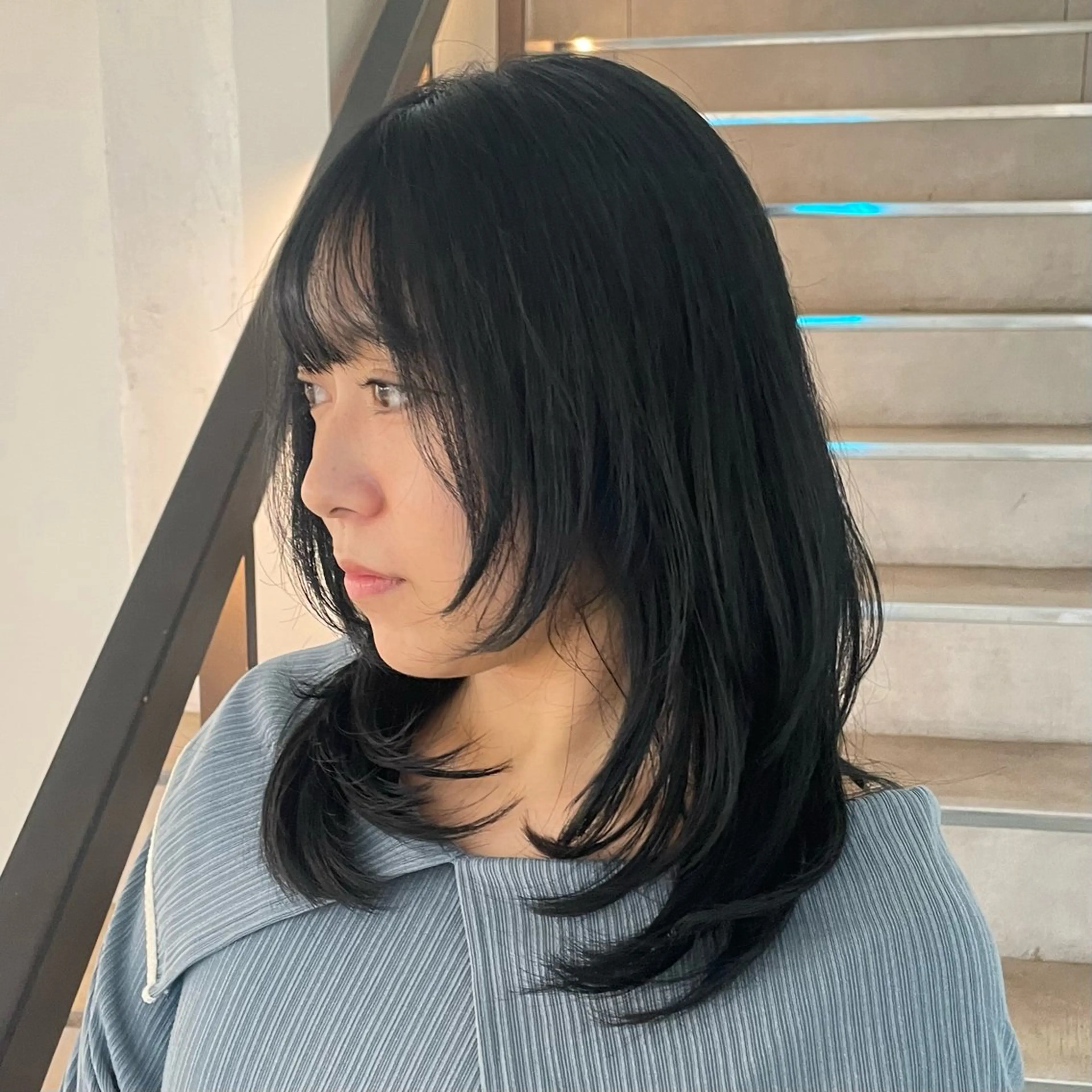 セミロング カラー 黒髪 ブルーカラー ブルーブラック ダブルカラー 韓国ヘア/グレージュ kanako🤍🫧のヘアスタイル