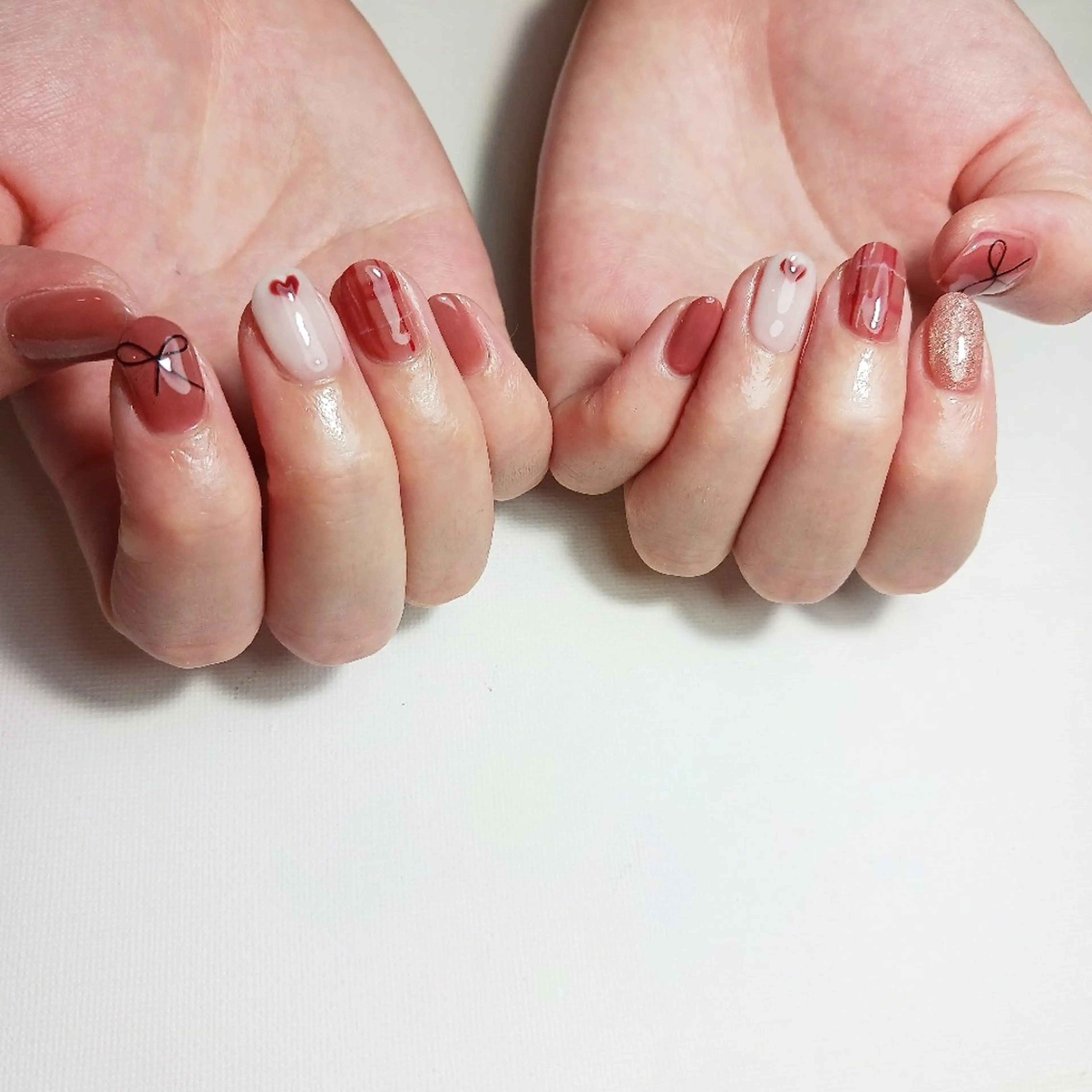 ネイル ジェルネイル ハート 持ち込み リボン ショートネイル ハンドネイル owlnail /持込みデザイン専門のネイルデザイン