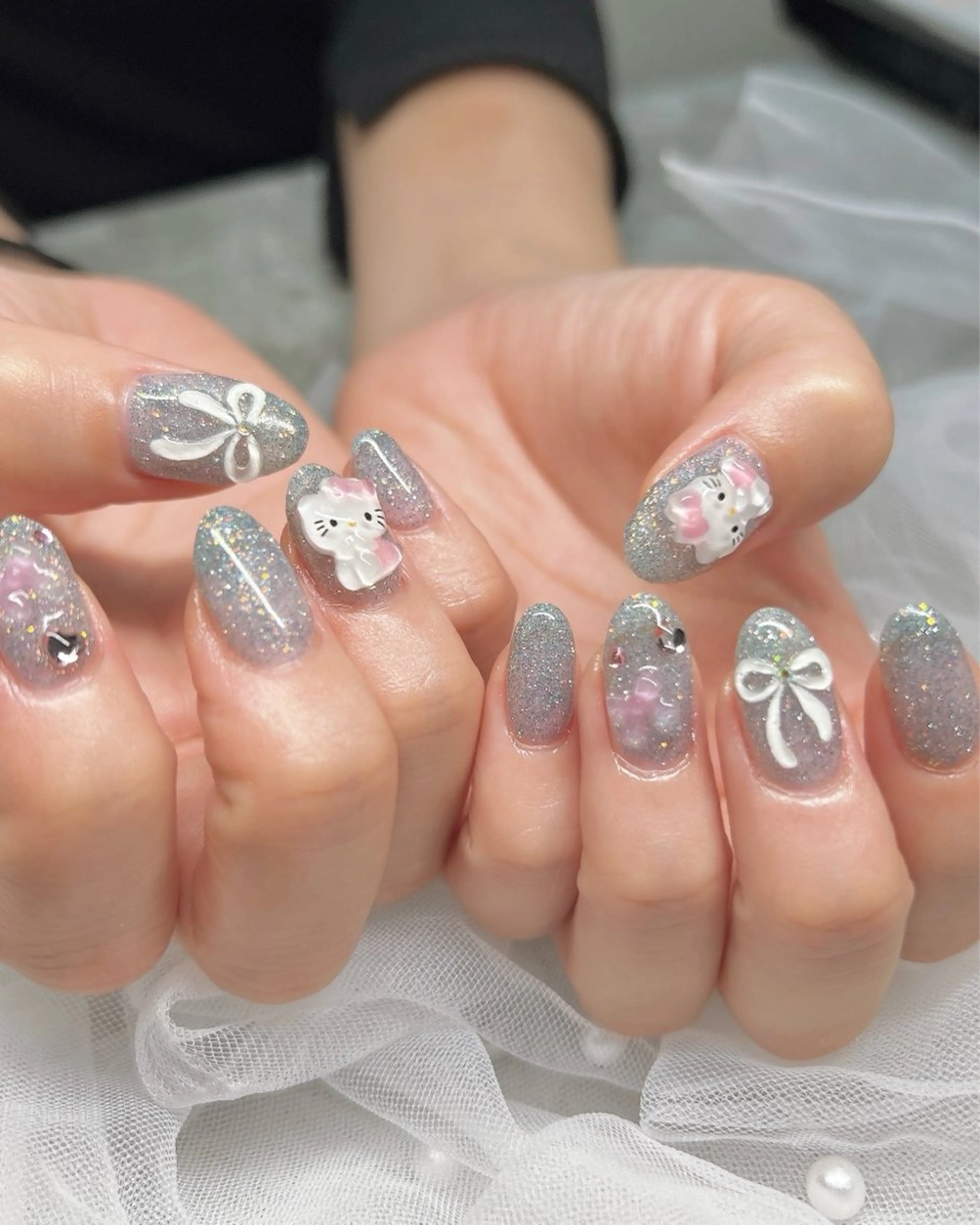 ネイル アートネイル フラッシュネイル リボン ハンドネイル ten nail salon　かえでのネイルデザイン