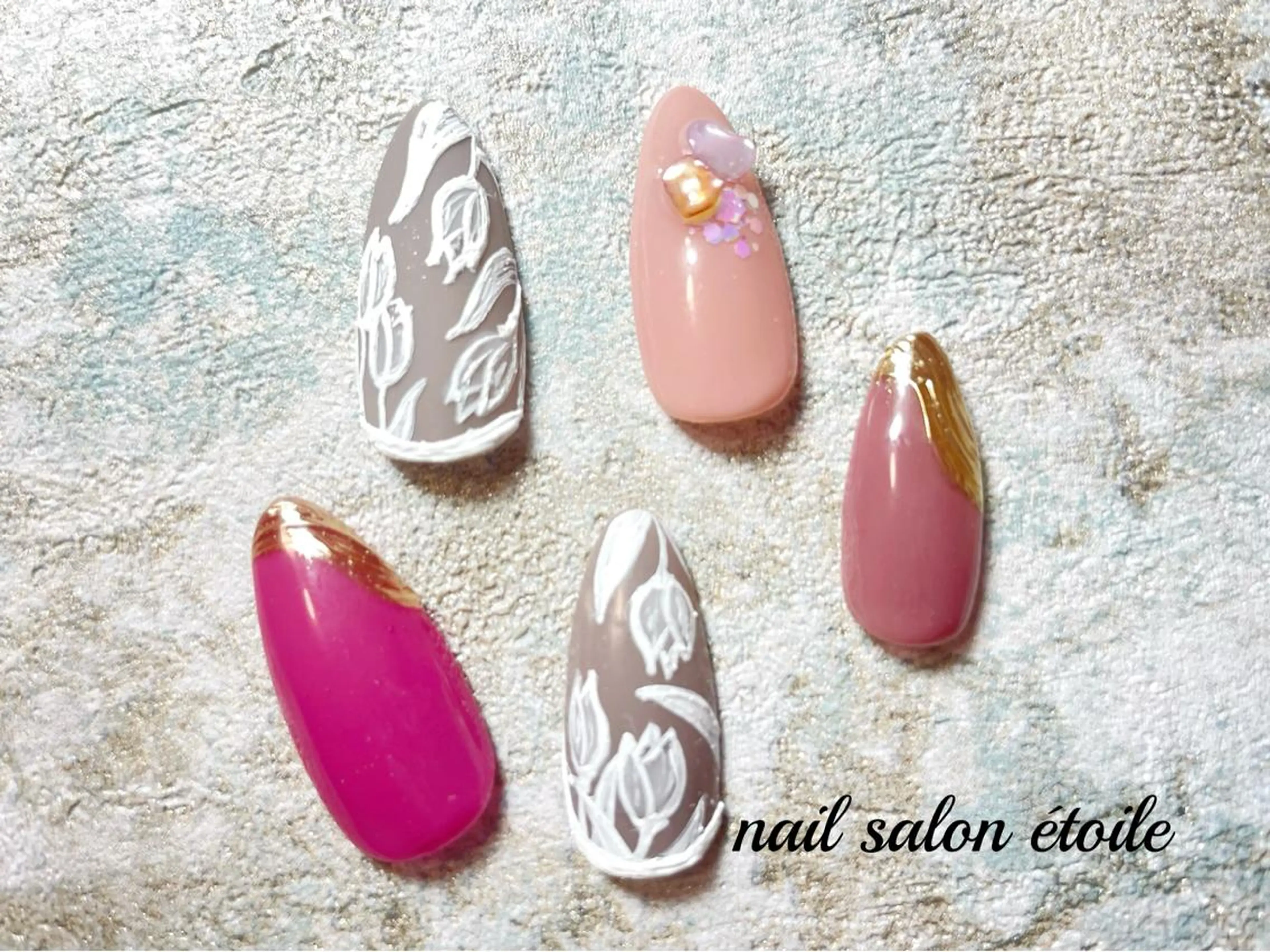 ネイル アートネイル フラワーネイル ジェルネイル ミラーネイル ピンク ハンドネイル nail salon étoileのネイルデザイン