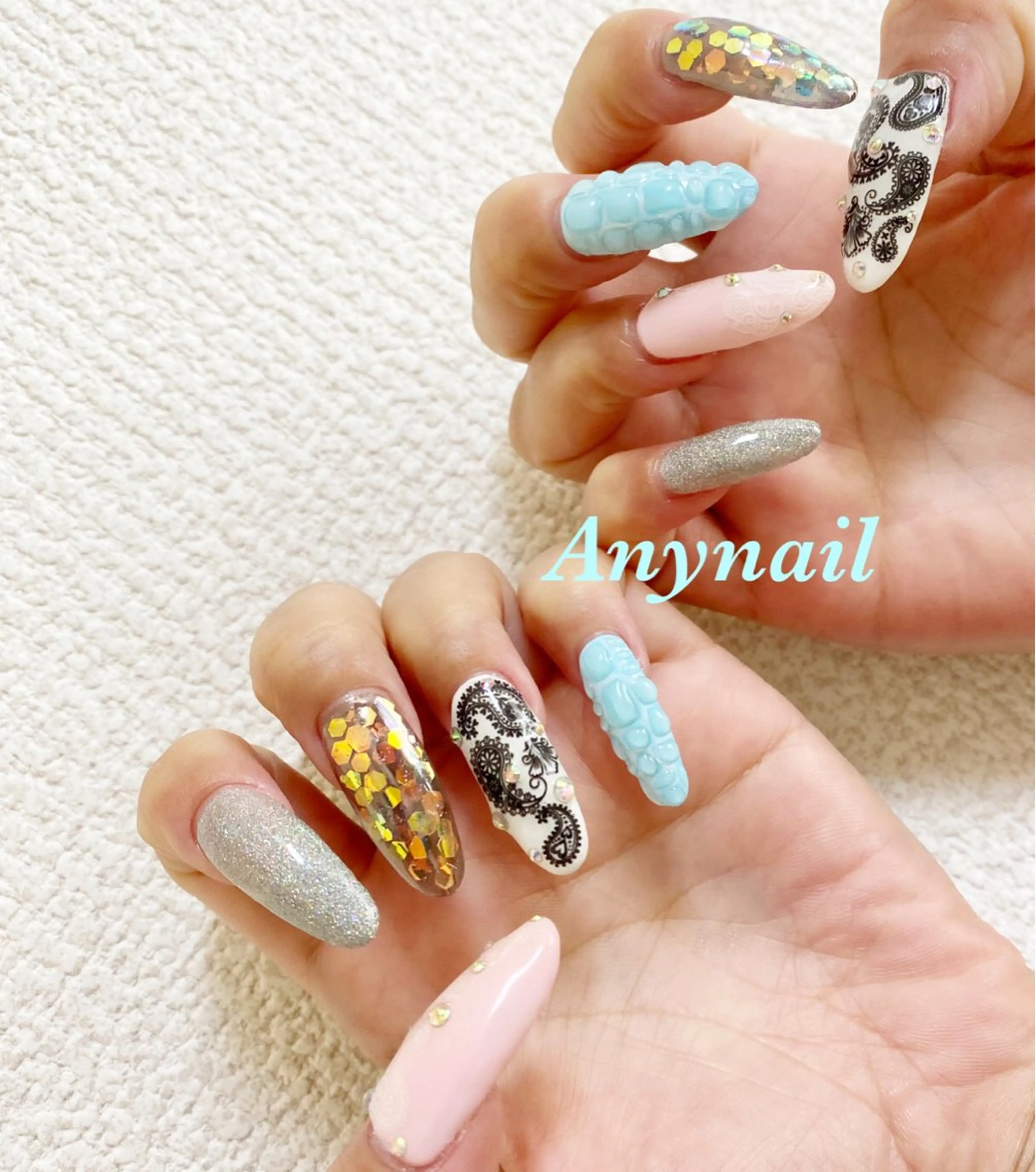 ネイル ブルー ホログラムネイル ロングネイル ミラーネイル スカルプネイル ハンドネイル 岩澤 恵子のネイルデザイン