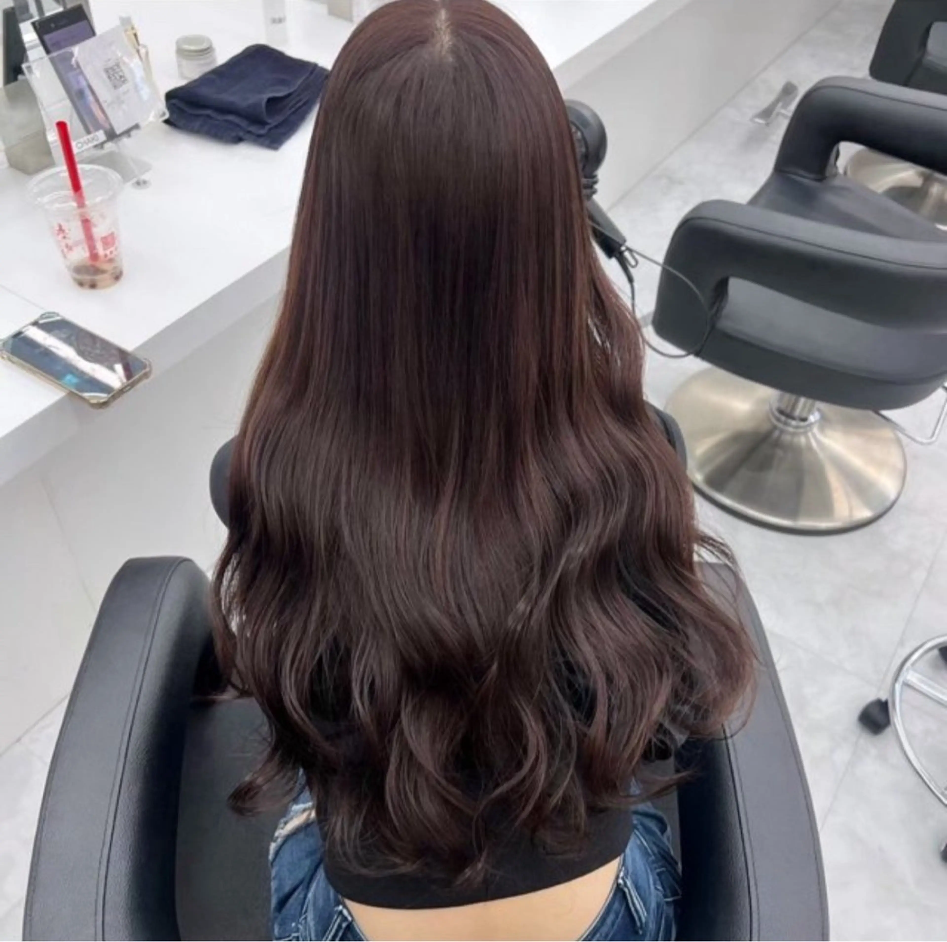 ロング カット ヘアカラー トリートメント 韓国ヘア/ブリーチ無 しWカラー/オリーブのヘアスタイル