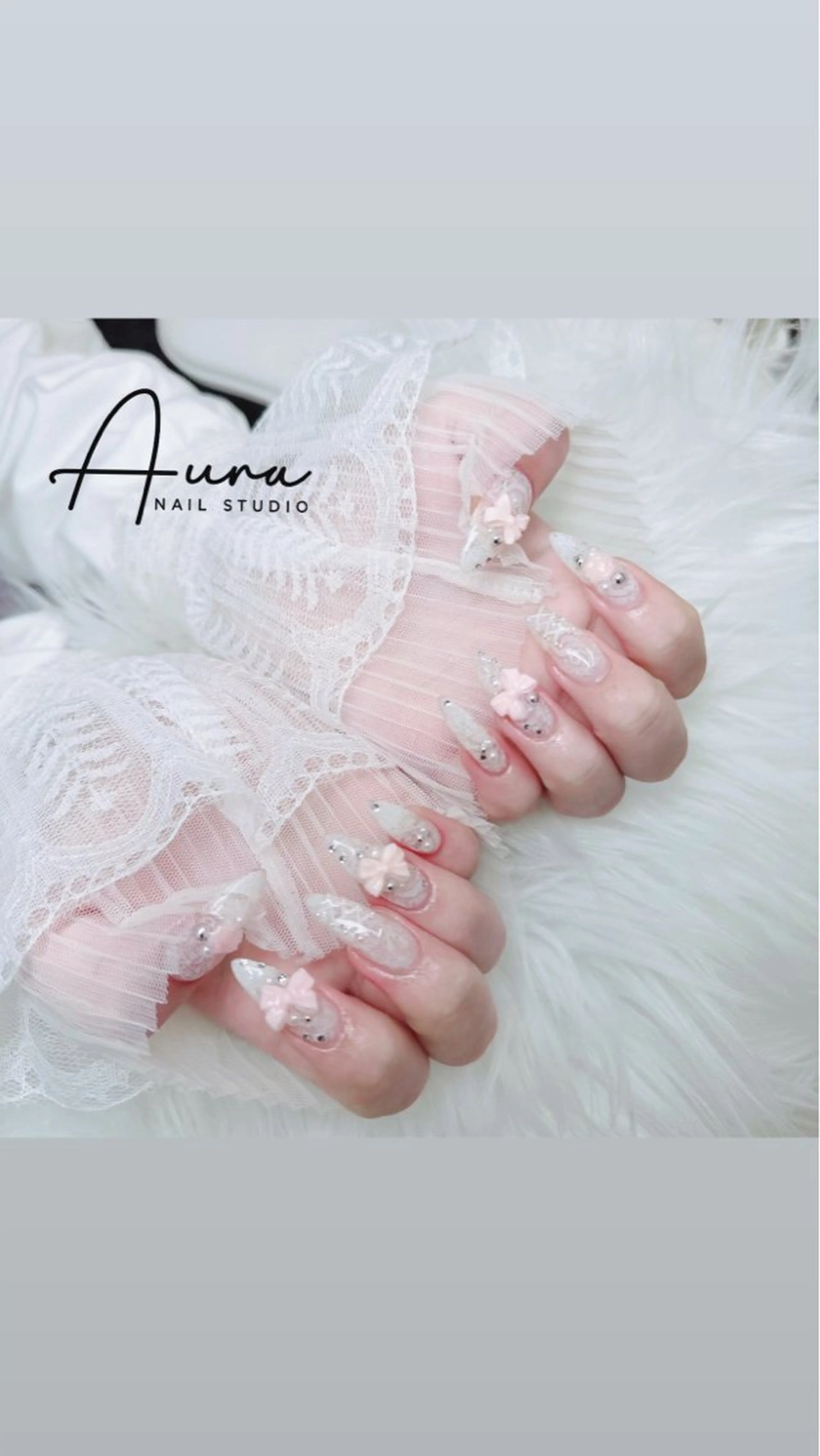 ネイル ガーリー レース リボン ホワイト ハンドネイル Aura Nail Studioのネイルデザイン