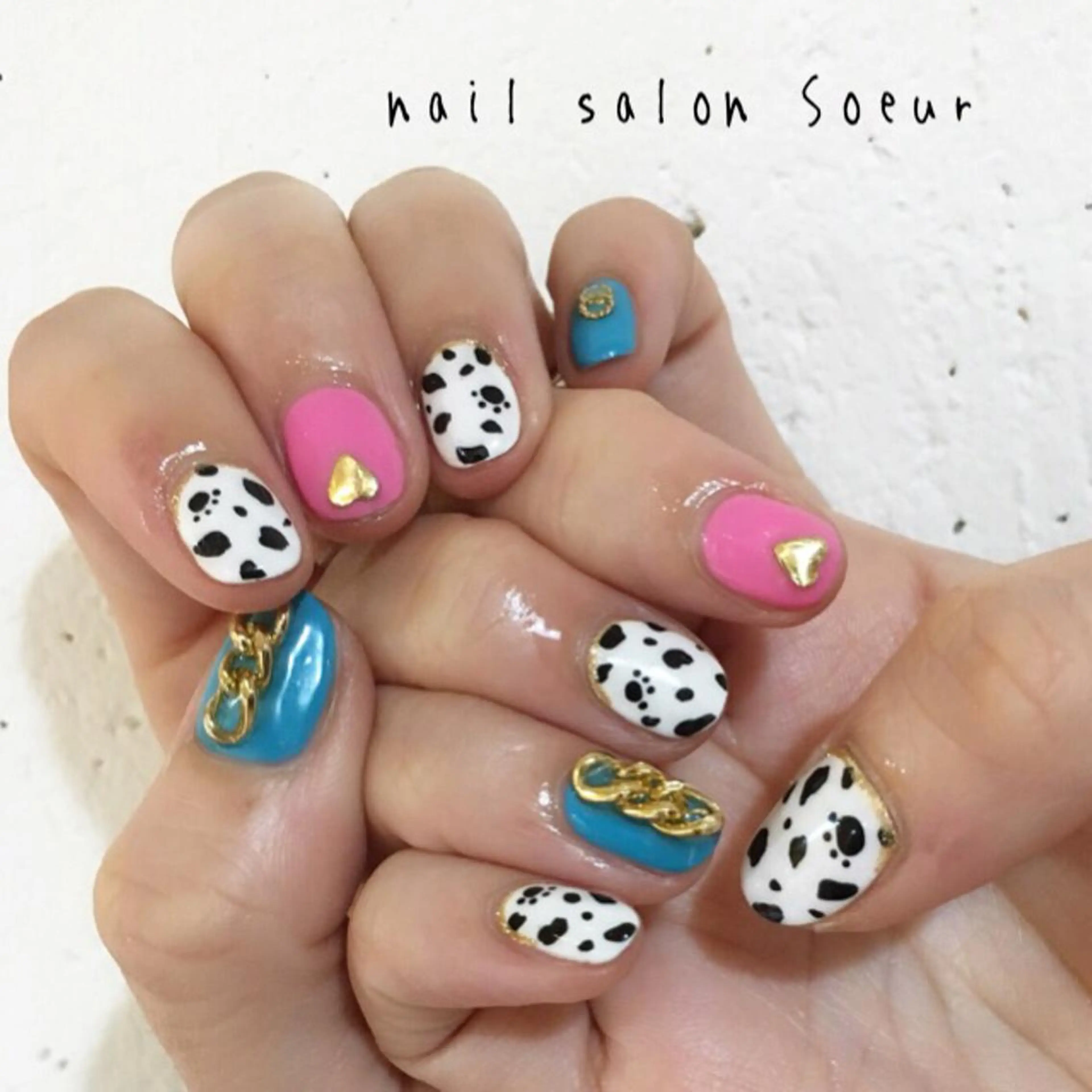 ネイル アートネイル ブルー ジェルネイル ピンク ハンドネイル nail salon Soeurのネイルデザイン