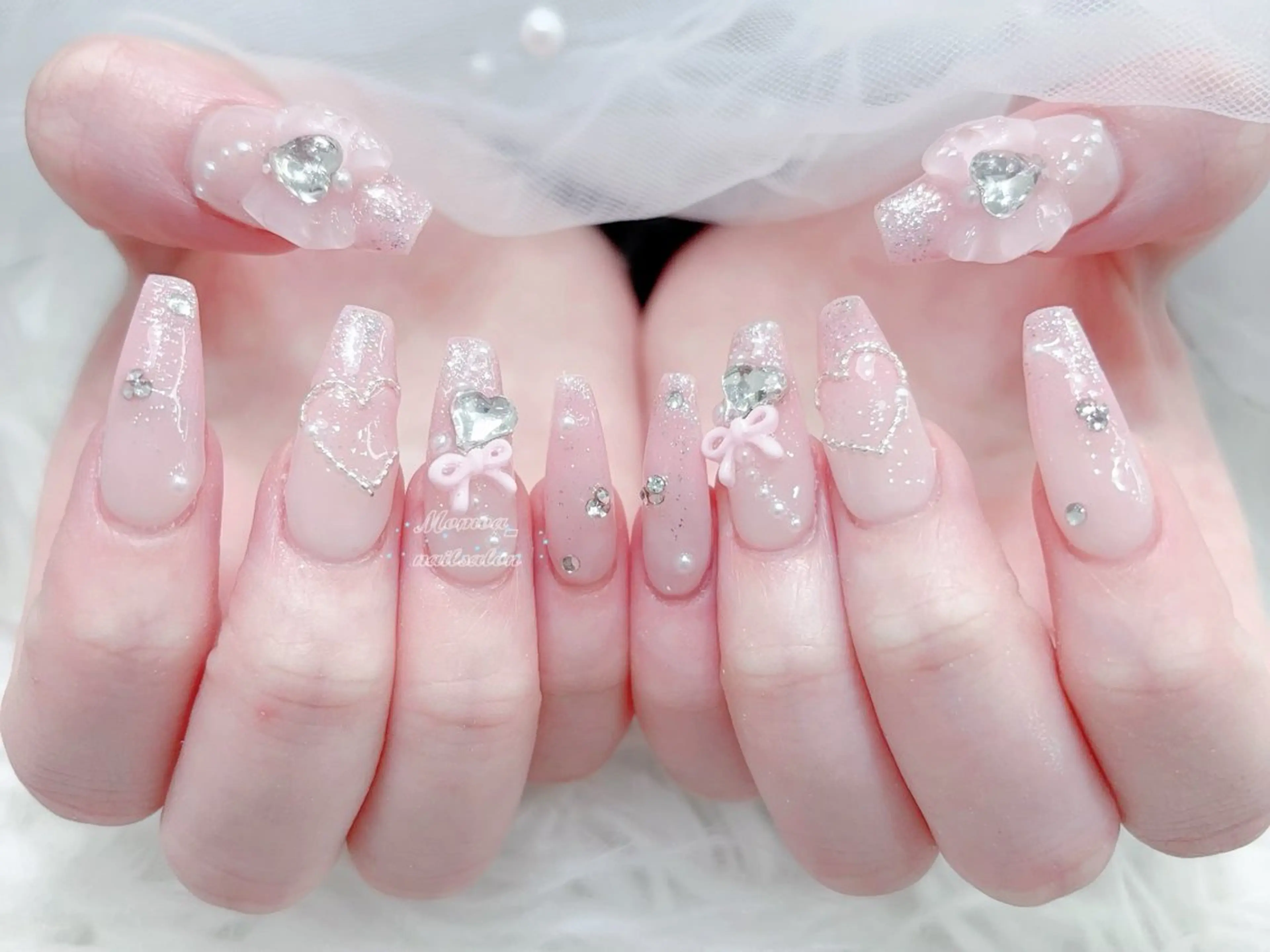 ネイル 成人式 大理石ネイル(マーブル) リボン 夏ネイル ネイルチップ ハンドネイル MoMoA Nail ネイル長さ出し専門店のネイルデザイン