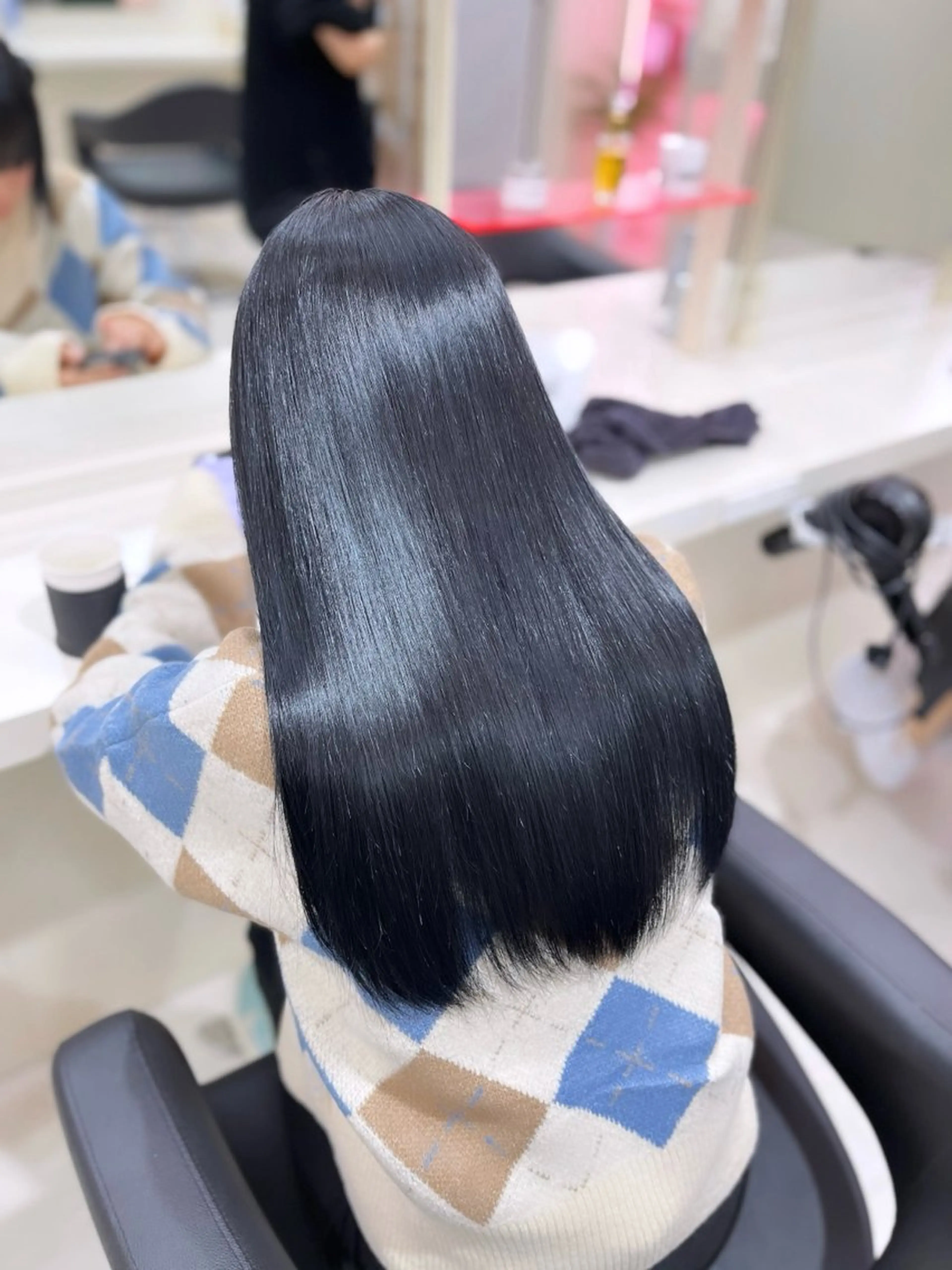 ロング 縮毛矯正 カット ヘアカラー 縮毛矯正 縮毛矯正× ブルーブラック/池袋のヘアスタイル