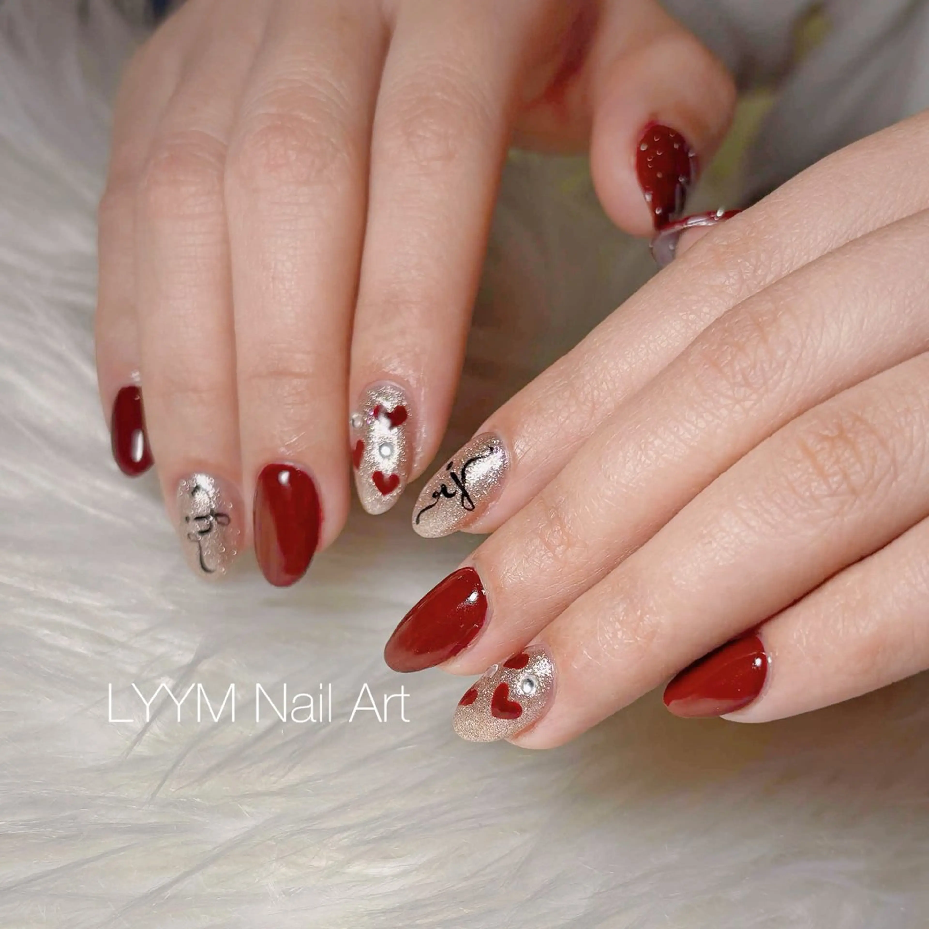 ネイル アートネイル 赤色 バレンタイン ハンドネイル LYYM Salonのネイルデザイン